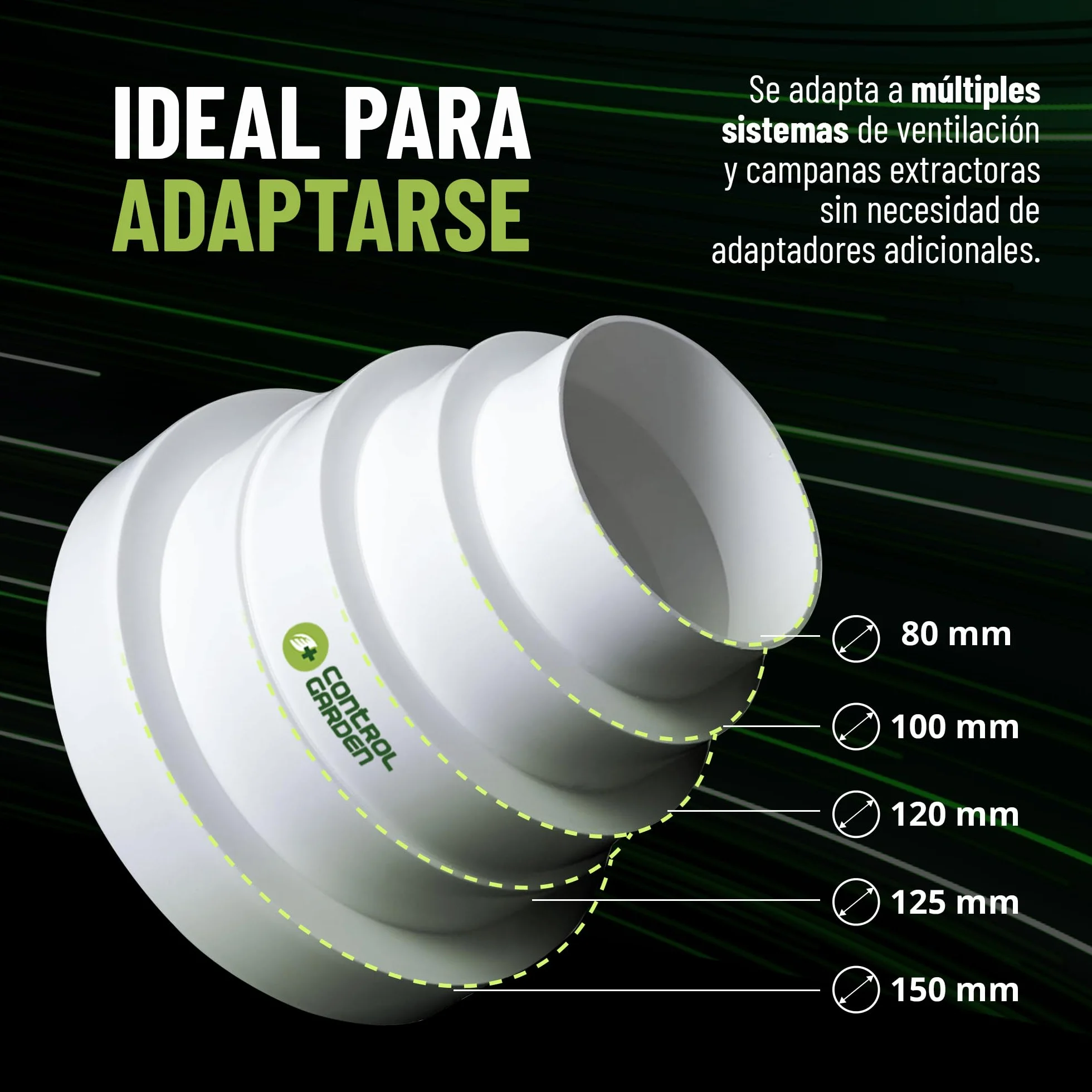 CONTROL GARDEN Pack x 2 Reductor Universal para Sistemas Ventilación Blanco - Acople Conector para Conductos Ventilación Diámetro Ø 80 100 120 125 150 mm - Reductor Tubo