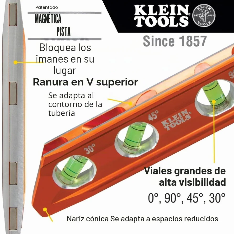 Nivel de torpedo, magnético, 4 viales para doblado de conductos y más con ranura en V y pista magnética Klein Tools 935AB4V