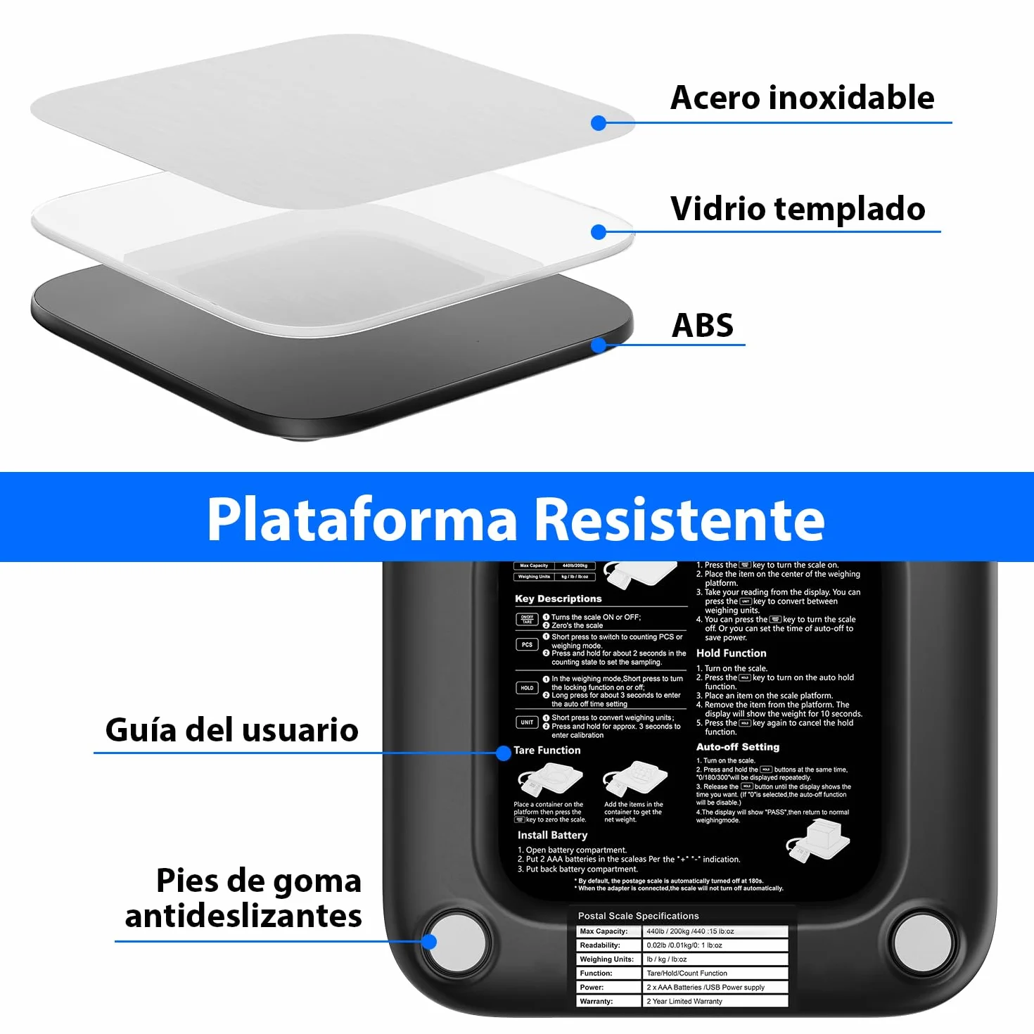 UNIWEIGH Báscula para paquetes 200 kg/10 g precisión digital con función PCS/retención/tara plataforma