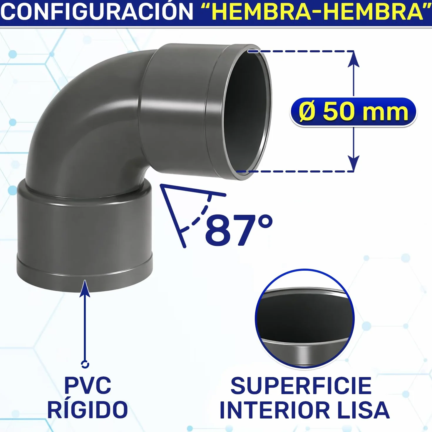 Codo PVC 87° Ø 50mm Hembra-Hembra MONTERAL para Tuberías Alcantarillado Drenaje