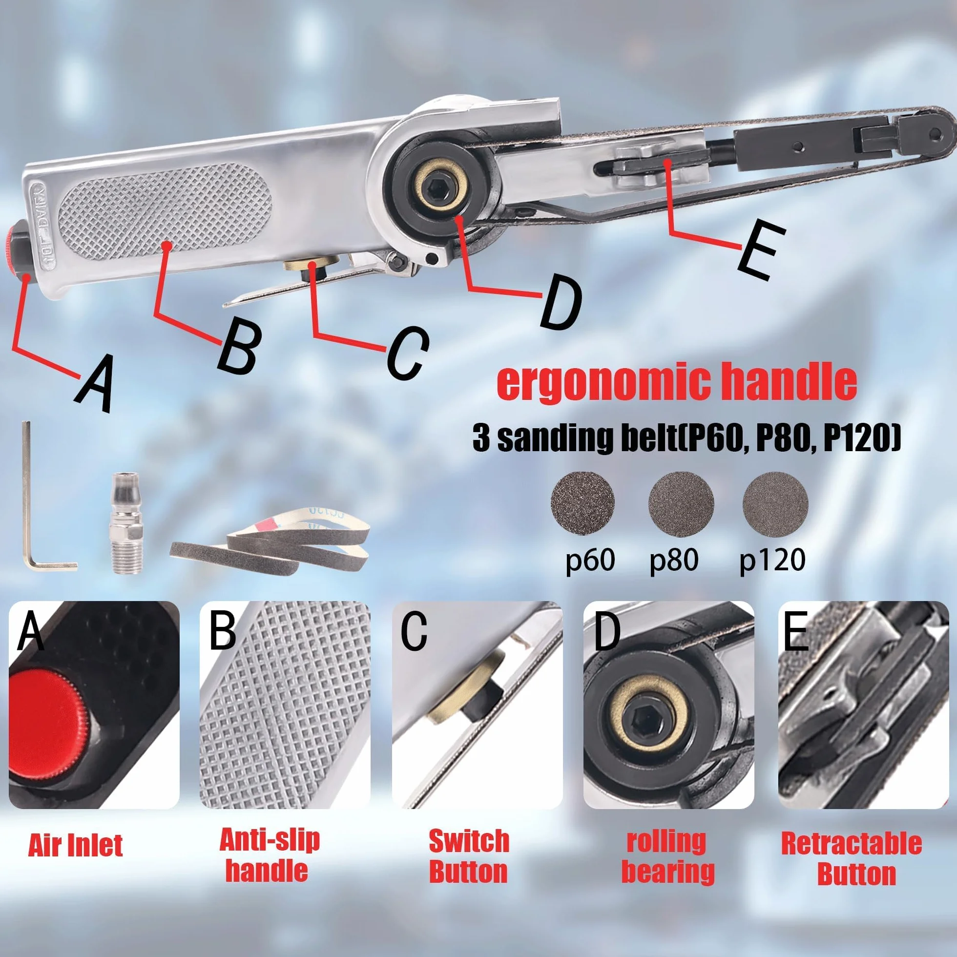 Mini Lijadora Manual de Banda con Mango Giratorio 360°, Pulidora Pequeña, Herramientas Neumáticas, Ideal para Mantenimiento de Equipos y Limpieza de Superficies