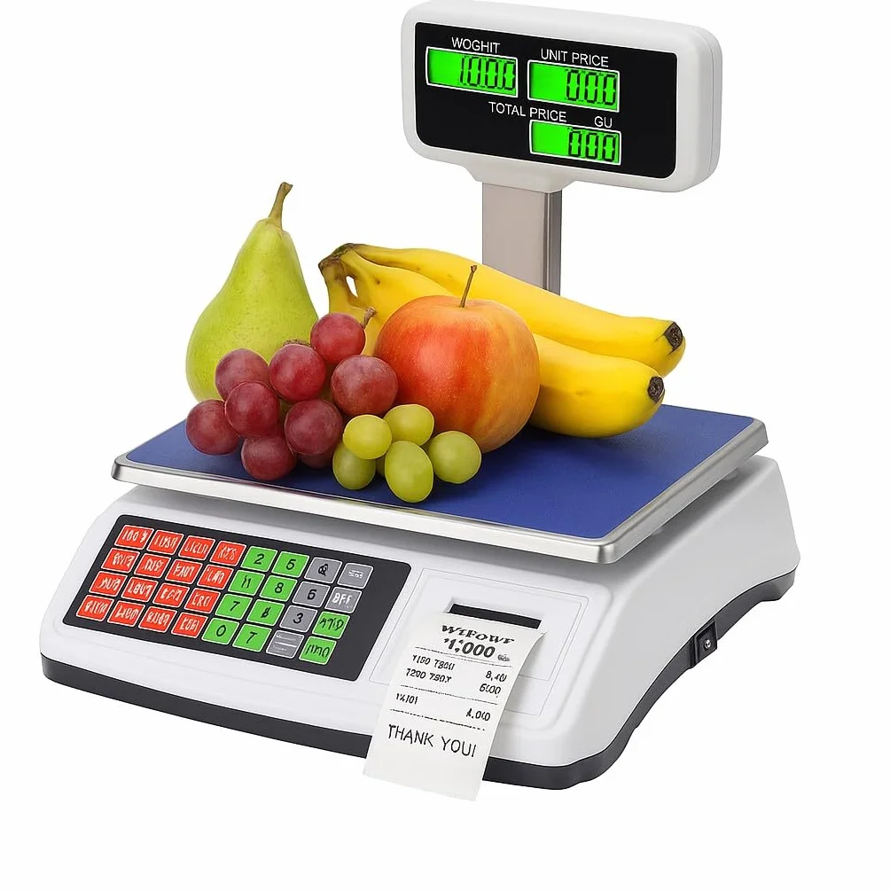 Báscula de 50 kg, 5 g, brazo de prensa, 6 pantallas, 18 memorias, alimentación de red y batería CW869
