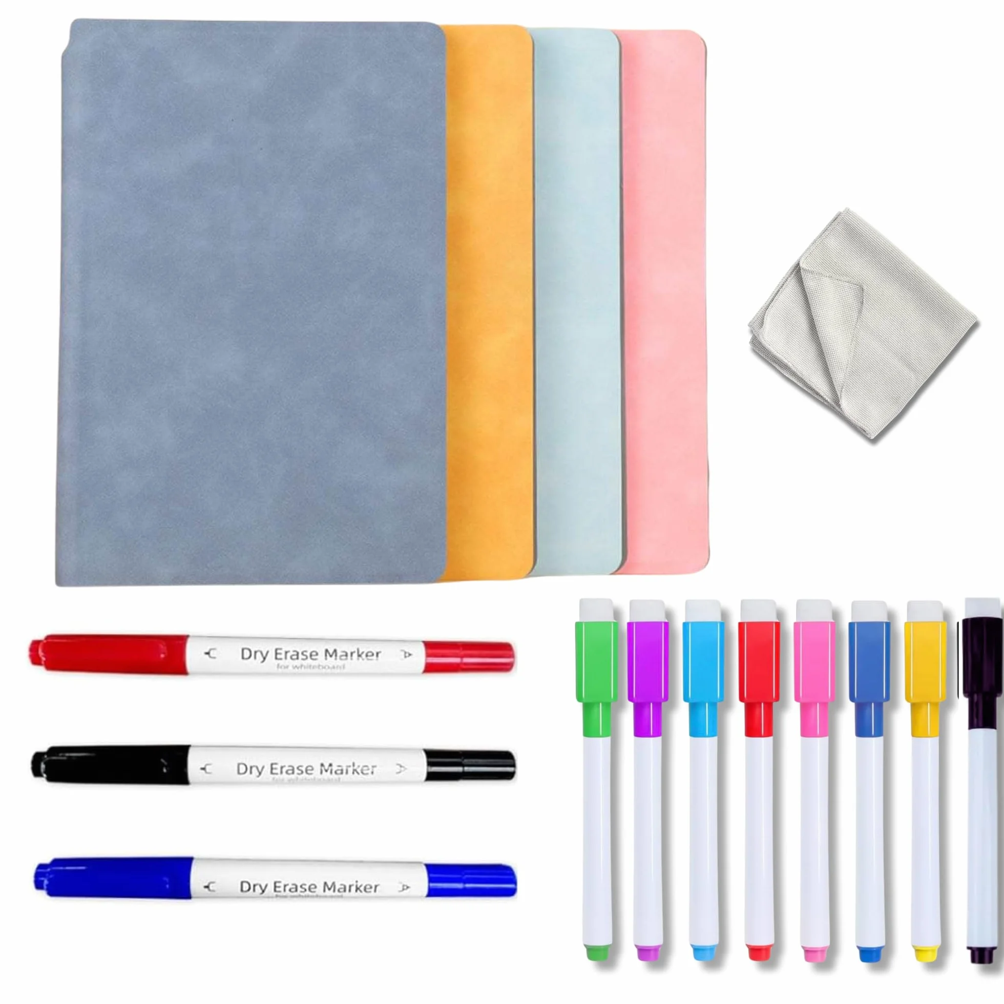 MandA® Pizarra Blanca Pequeña Plegable Borrable Portátil Magnética 2 x A5 + 11 Rotuladores + Gamuza Azul