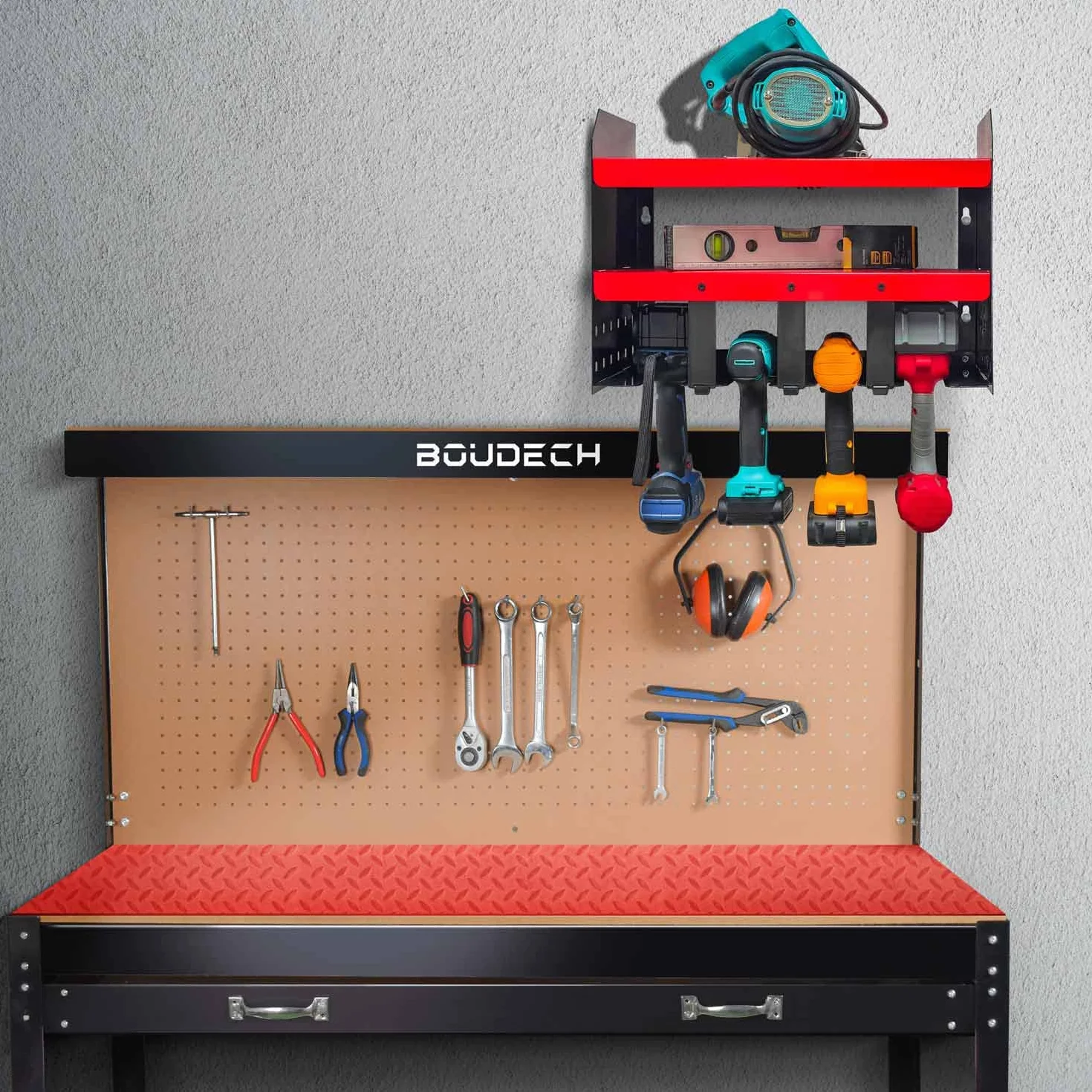 BOUDECH Taka - Estante de acero para herramientas de garaje, organizador de 2 niveles para herramientas eléctricas, soporte de pared para taladros, brocas y destornilladores
