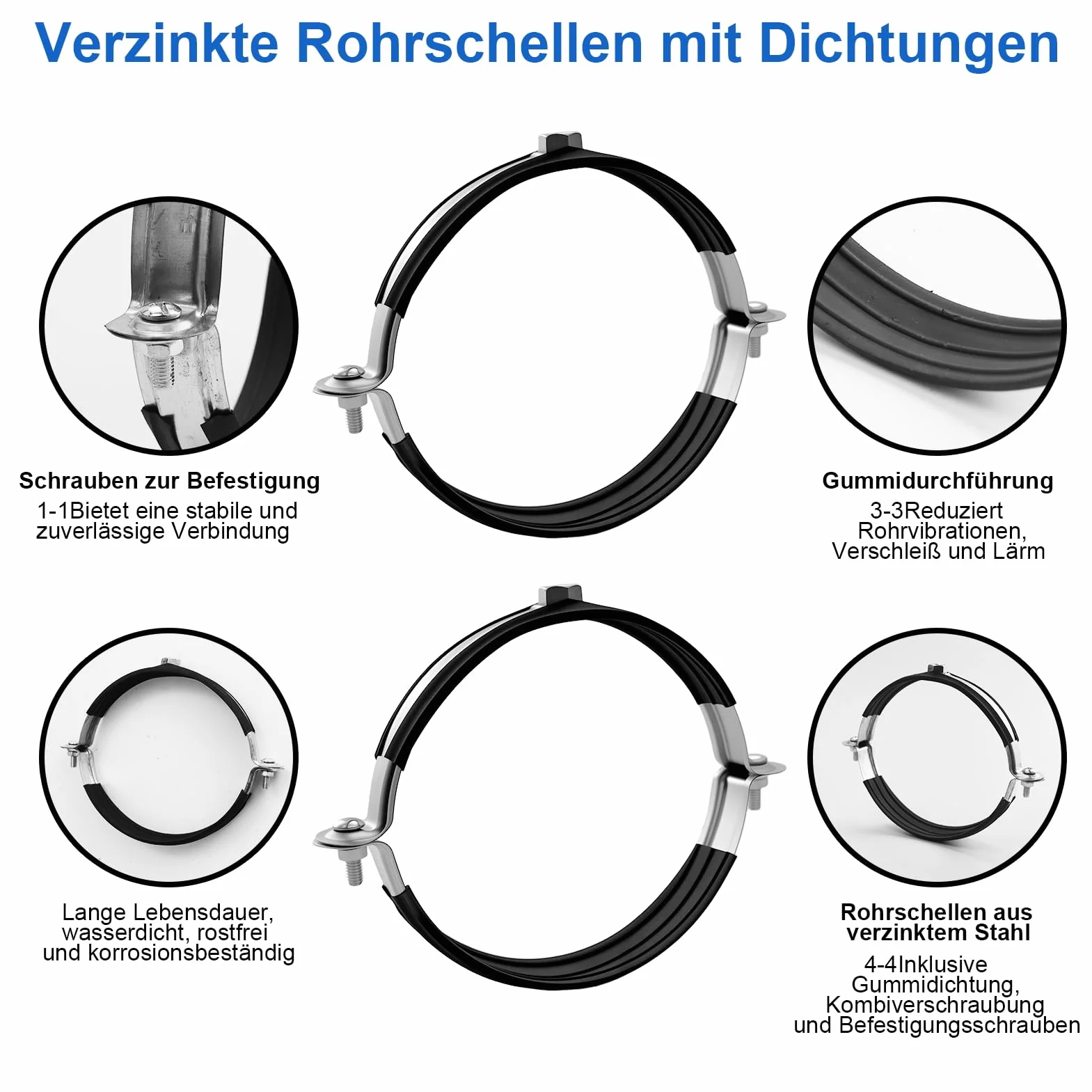 Abrazaderas de tubo de 110 mm, galvanizadas con inserto de goma, abrazaderas para tubo de ventilación, manguera de extracción, abrazaderas para soporte de tubos, abrazadera negra de goma