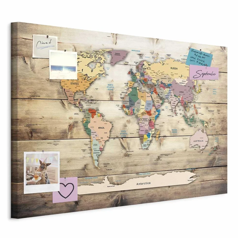 murando - Mapamundi con tablero para clavar chinchetas 120x80 cm - Cuadro en Lienzo sintético - 1 parte - Panel de Fibra - Mapa del Mundo Continente - viajes geografia Vintage k-C-0077-v-a