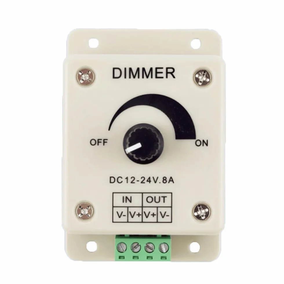TECHZOCO Regulador de intensidad tira LED, regulador de voltaje con botón giratorio, controlador de atenuación PWM, adecuado para tira LED 5050 3528 | DC 12V-24V 8A