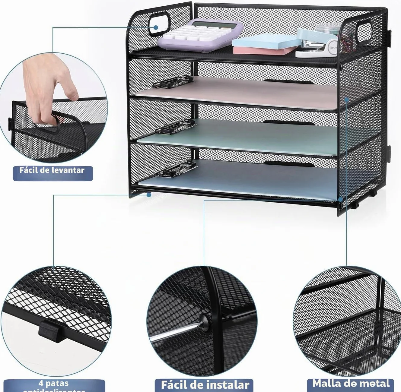 LATERN Bandeja de Malla Metálica 4 Niveles 32CM x 28CM x 24CM Organizador Extraíble para Archivadores