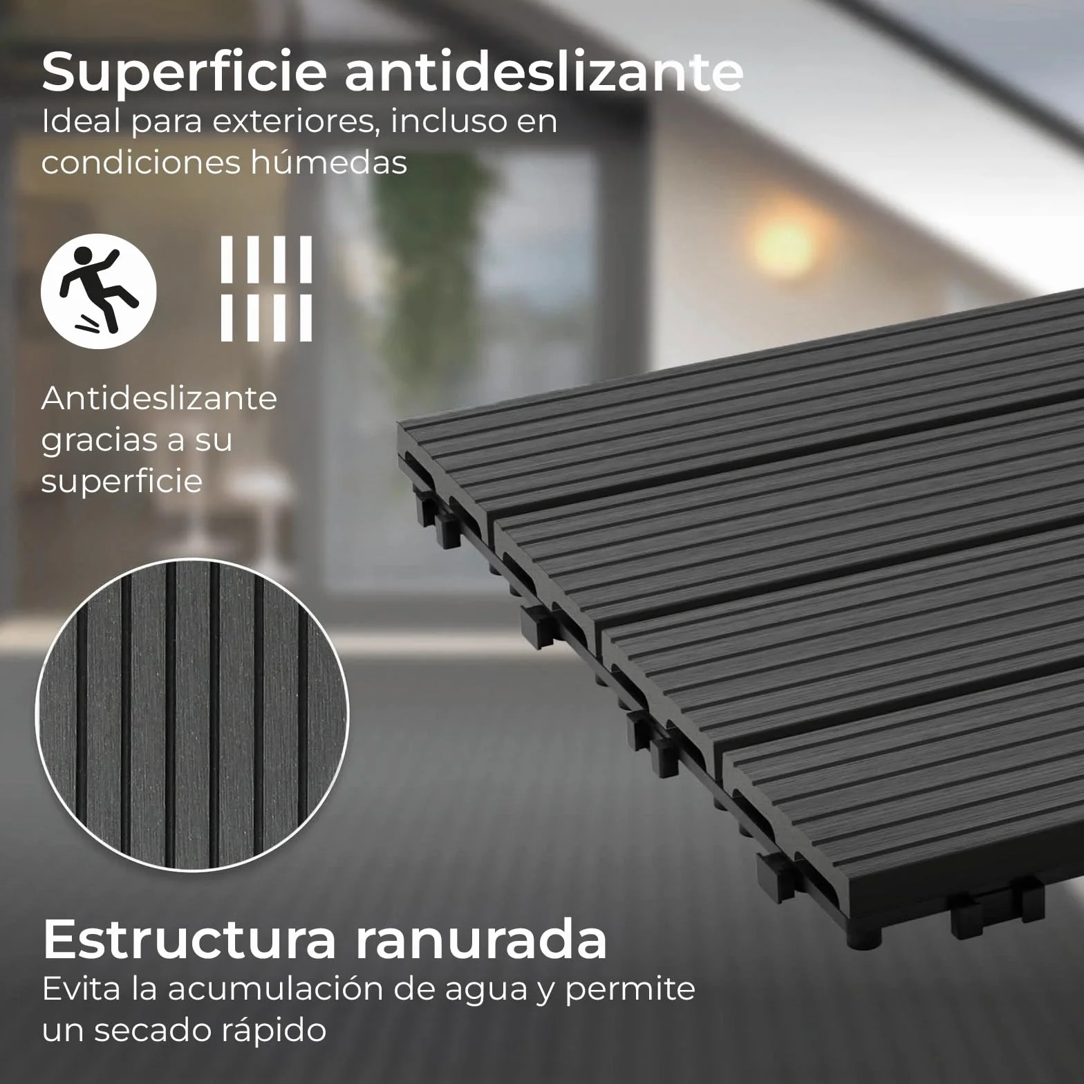 YOEVU - Baldosas de Exterior de Madera Composite WPC | Antideslizantes y Resistentes al Agua | Fácil Instalación | 1.08m² | Set de 6, Patio y Jardín, 30X60cm (Antracita)