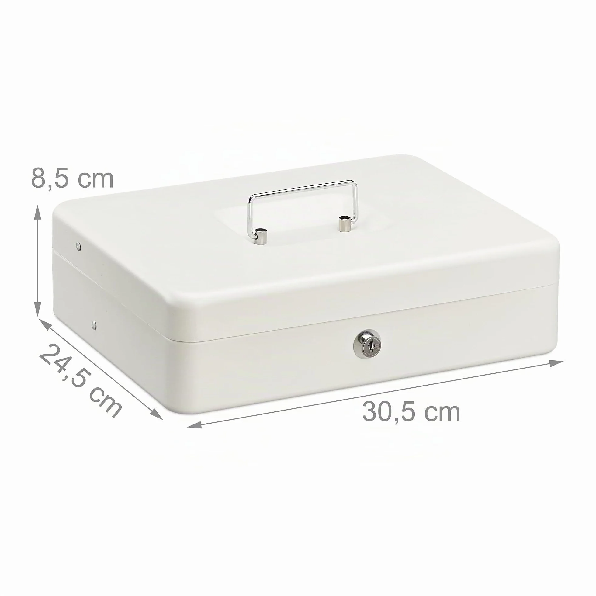 Relaxdays Caja Dinero con Llave, Bandeja Monedas y 4 Compartimentos Billetes, Cajita Hierro, 8,5x30,5x24,5 cm, Blanco
