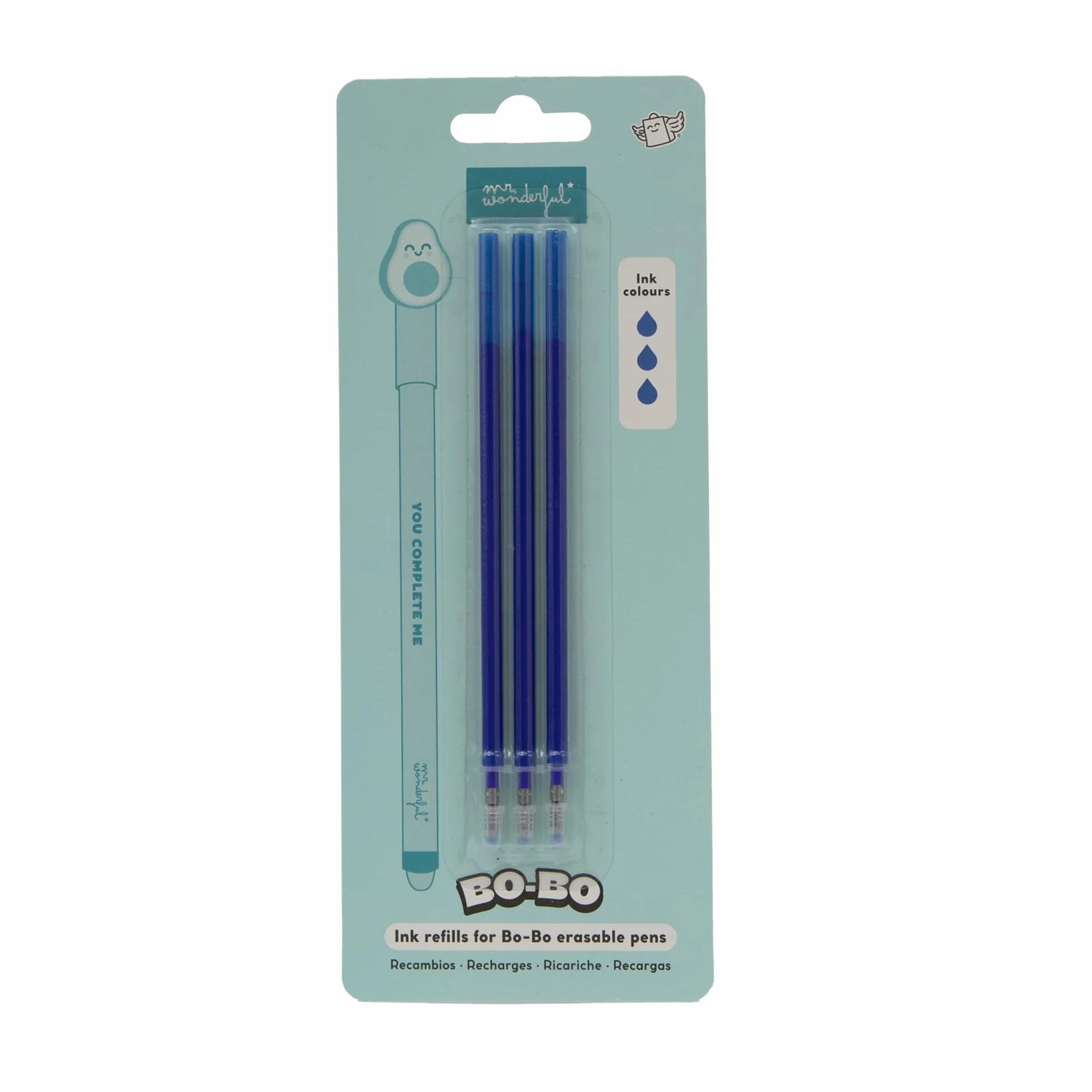 Mr. Wonderful Juego de 3 recambios de tinta para bolígrafos borrables Azul Tinta de gel termosensible