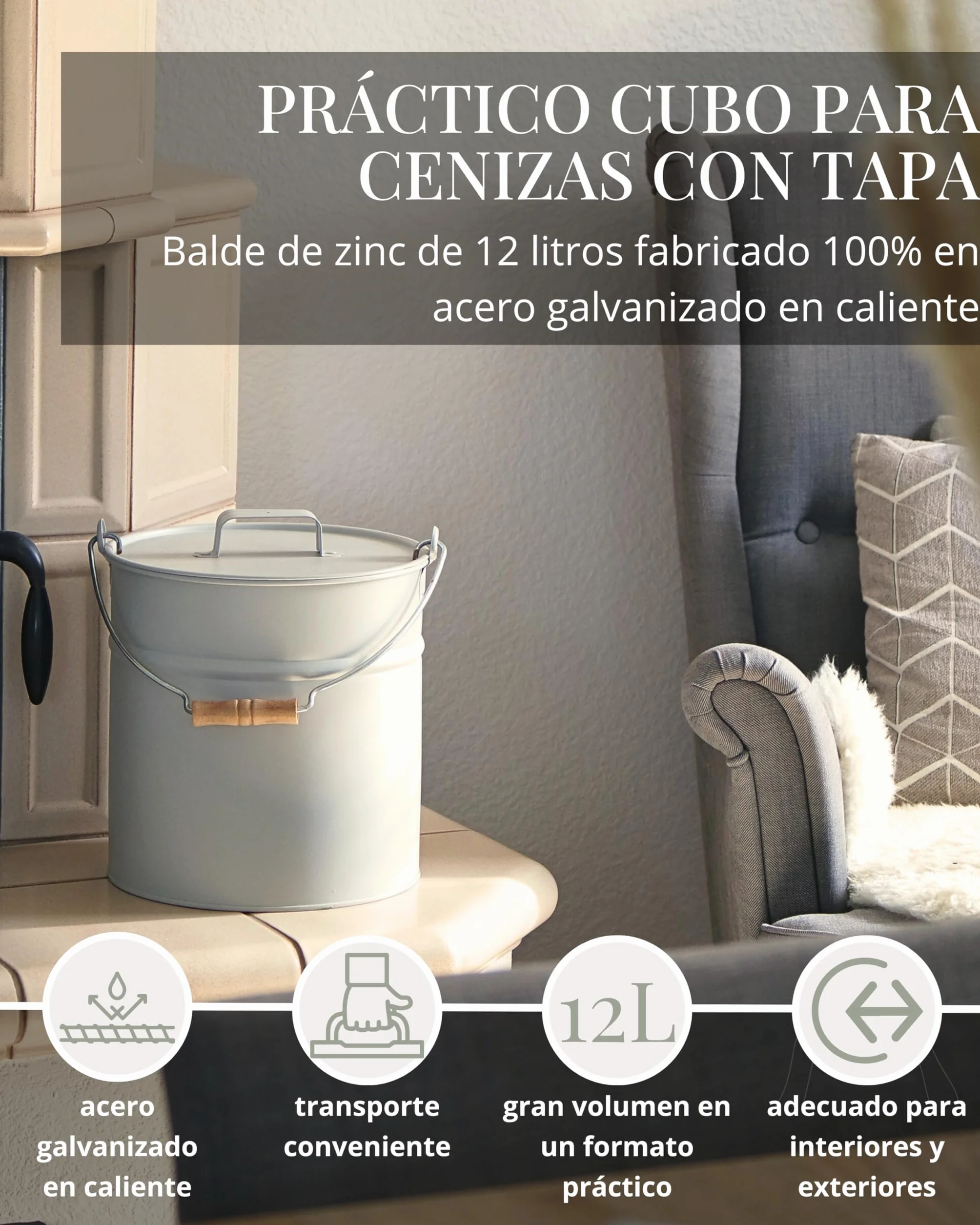 LIVLIG Cubo de Cenizas Con Tapa, 10 L, de Zinc, Metal, Beige - Accesorio Para Chimenea