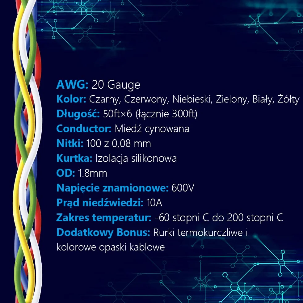 Fermerry Cable eléctrico de 20 AWG 0.5mm² de alambre de cobre estañado de silicona 50 pies cada uno 6 colores Kit de cable eléctrico de conexión flexible calibre 20