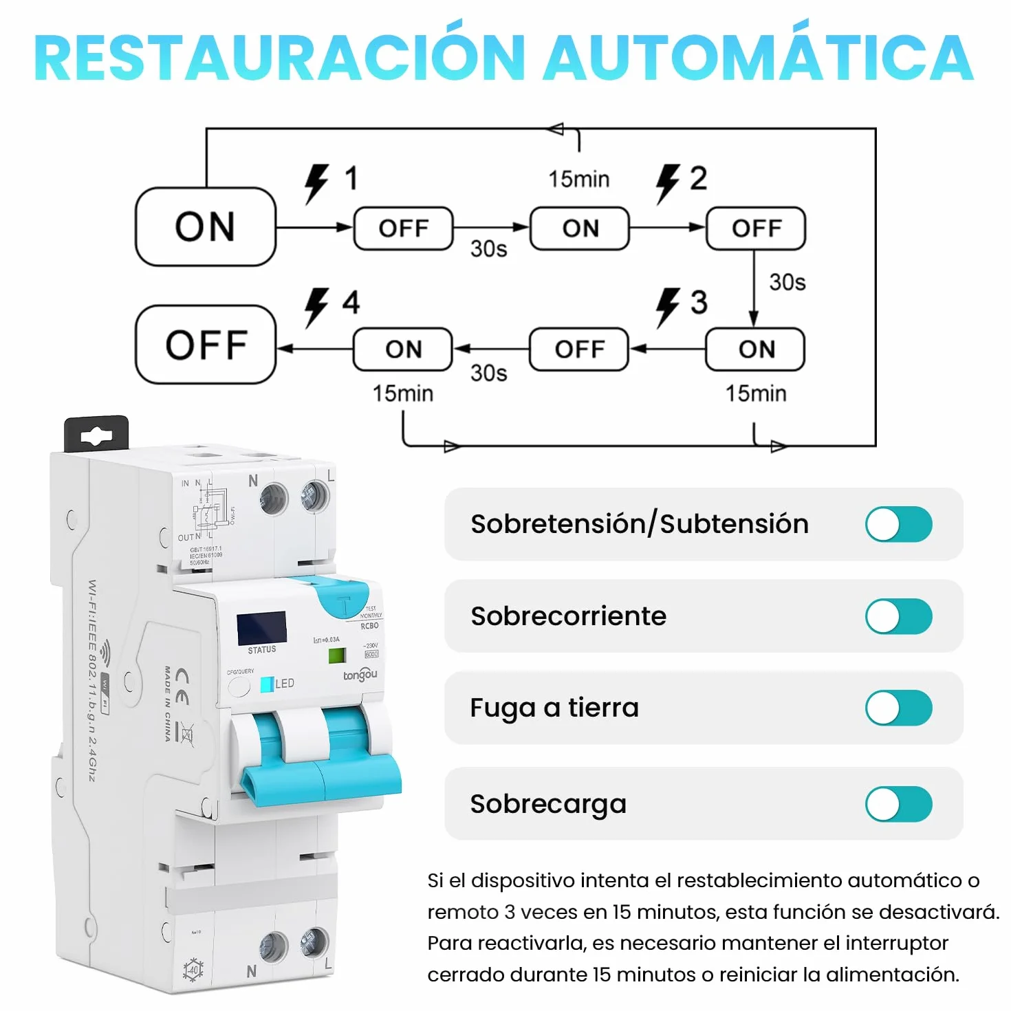 TONGOU Interruptor diferencial Superinmunizado WIFI/TUYA App， Auto Rearmable Disyuntor 1P+N，Rearme Automatico con Sobrecorriente y Fugas 1-40 A, 30-100 mA ajustable ，Clase AC 6Ka Carril Din RCBO