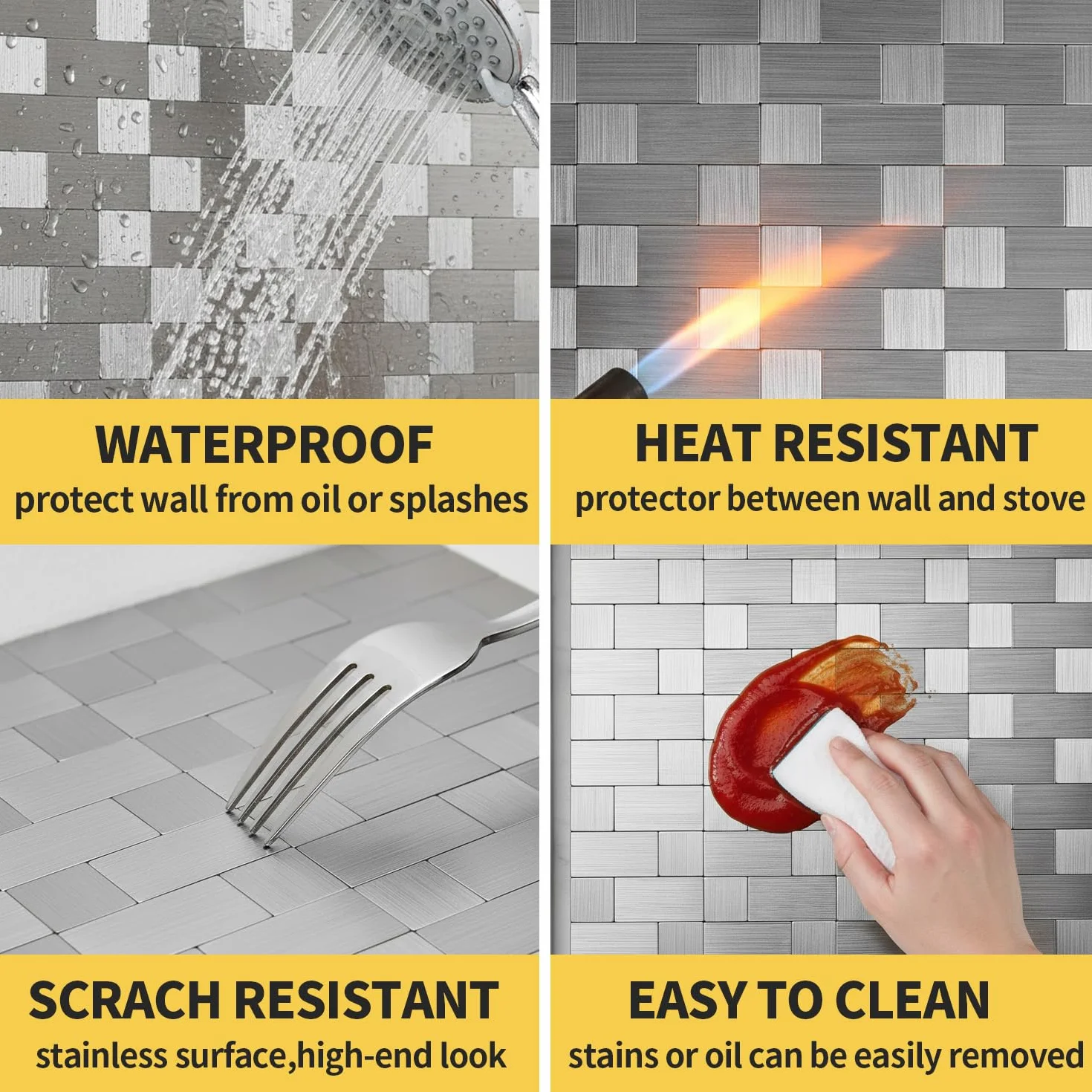 Yipscazo 20 hojas de acero inoxidable para despegar y pegar para cocina, azulejos inteligentes de metal de 12 x 12 pulgadas para paredes de baño y lavandería