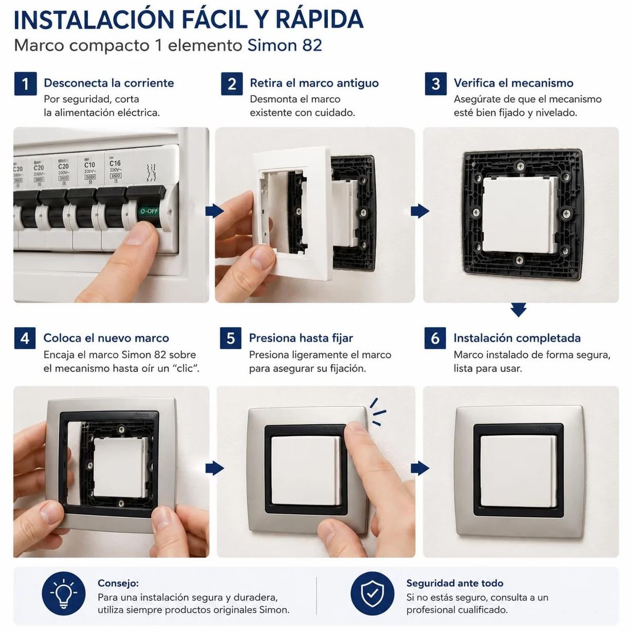 CABLEPELADO Marco compacto para 1 elementos Simon 82 | Marco de 1 elementos y bastidores | ‎82814-33 | Apto para superficie y empotrar | Dimensiones: 89x87 mm | Color Aluminio mate