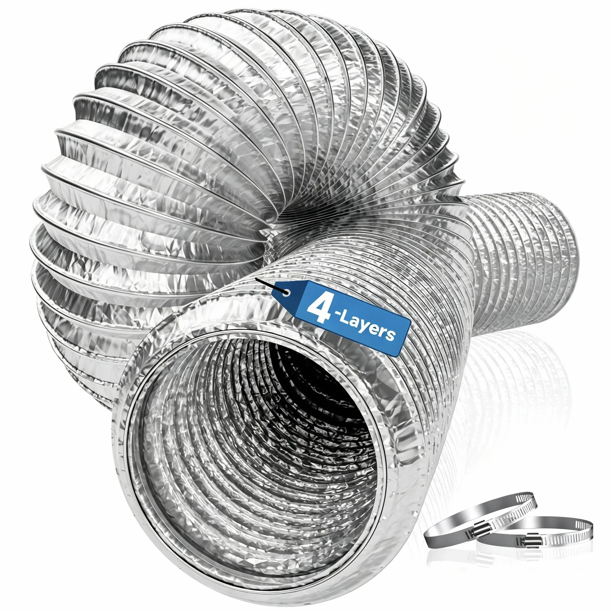 Hon&Guan Ø 125mm X 5m Manguera Flexible de Ventilación de Aluminio Tubo Salida Aire, Tubo Flexible de Salida de Aire con 2 Abrazaderas Acero para Aire Acondicionado, Campana Extractora, Plata