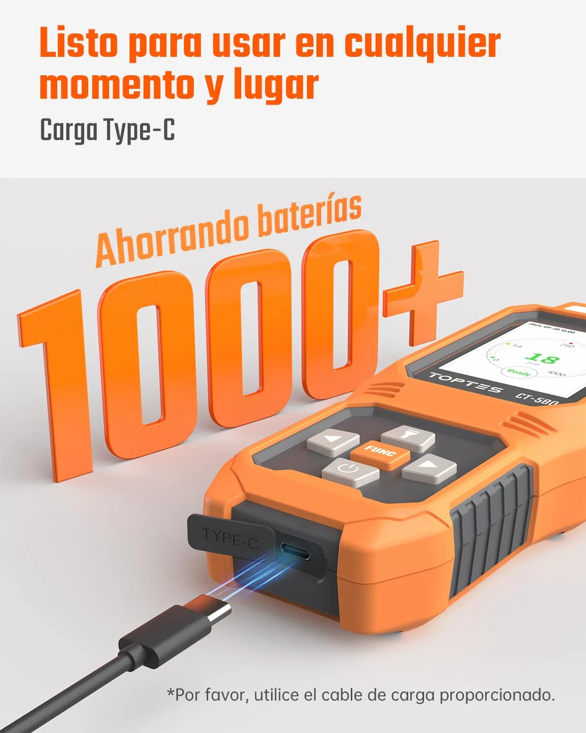 TOPTES CT-580 Detector de monóxido de Carbono, Detector de CO Recargable con alarmas por vibración, visuales y audibles, Alarma CO portátil, 0-1000PPM para el hogar, Coche, Camping y Viajes