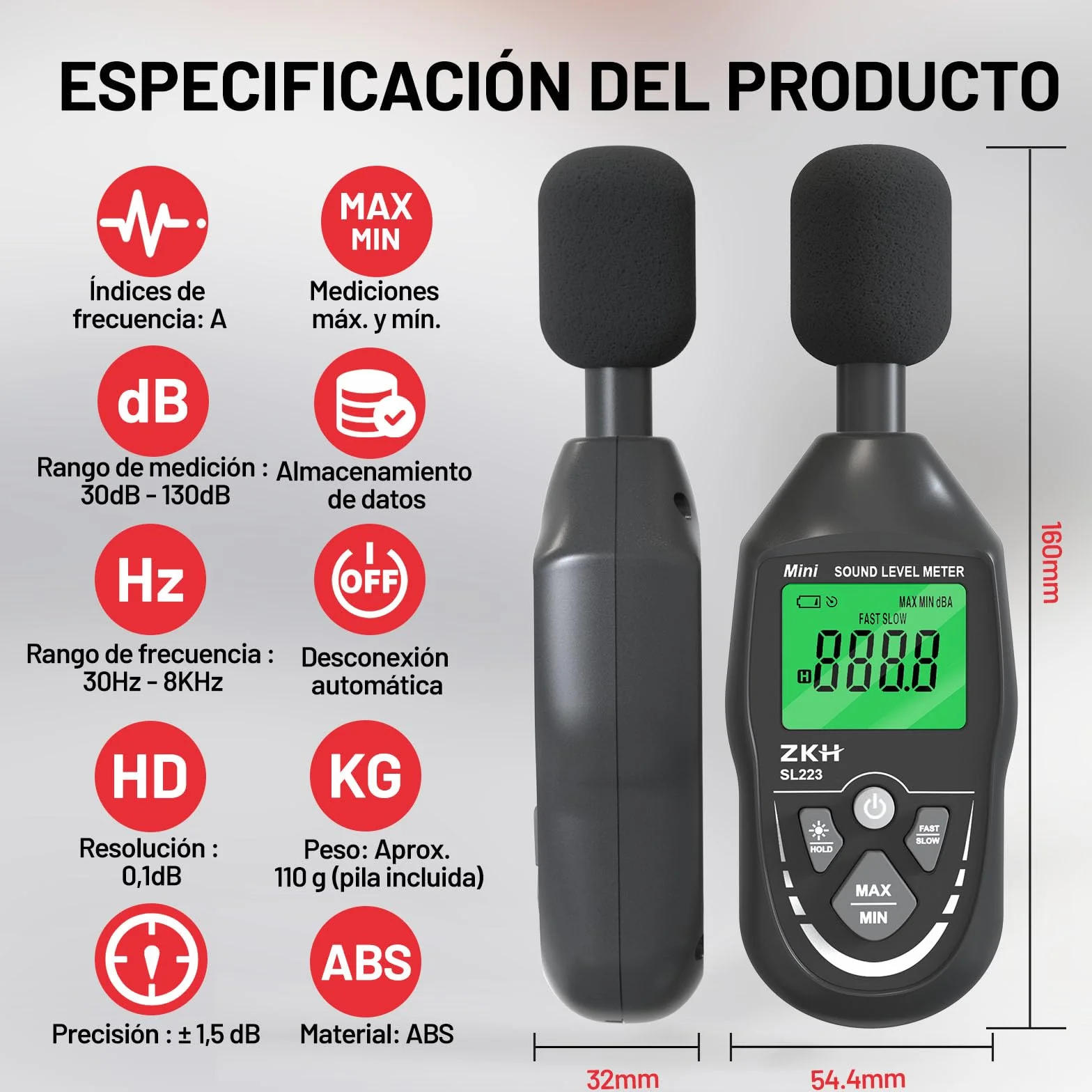ZKH Sonometro Digital Portátil Rango 30-130dB Pantalla LCD Ponderación A Precisión ±1.5dB