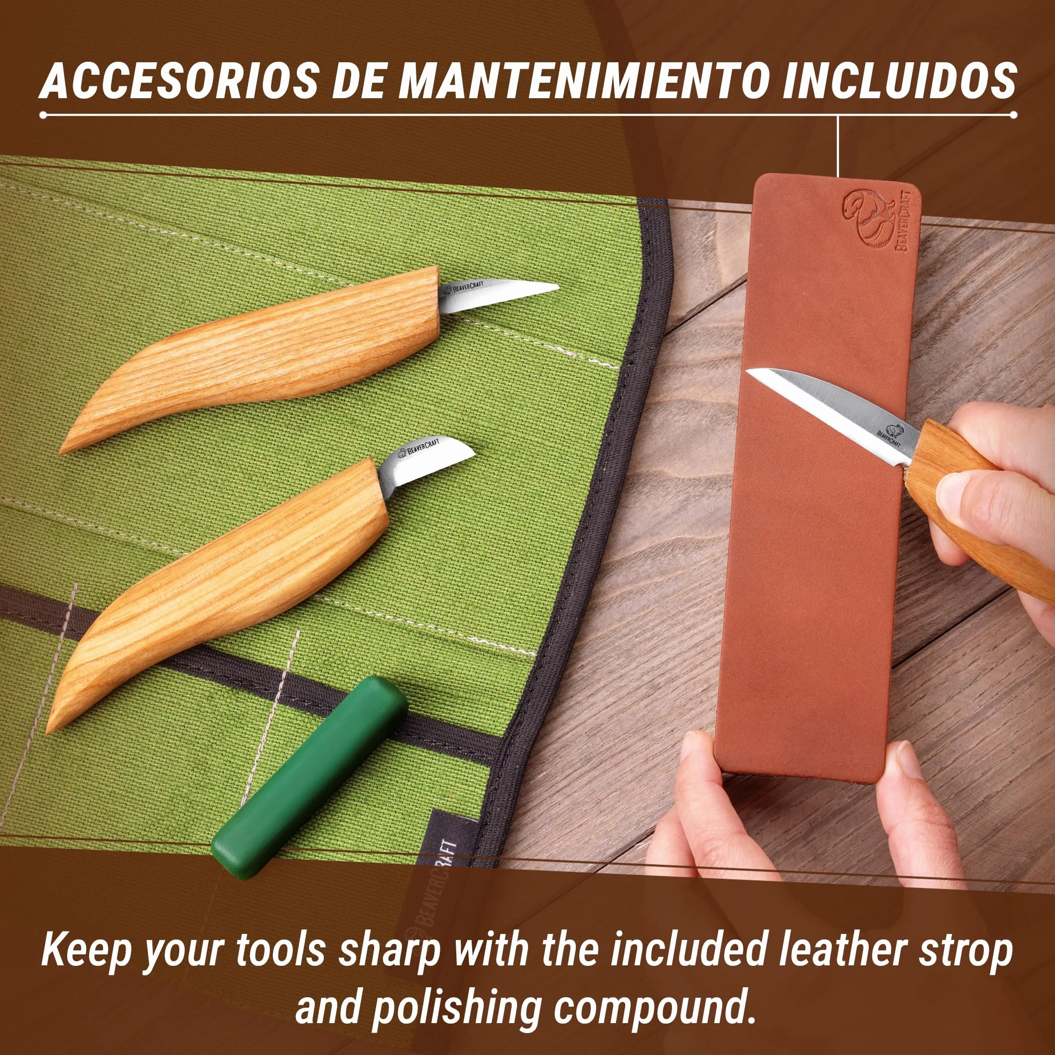 BeaverCraft S15 Kit Cuchillos Tallado Madera – Sloyd Detalle, Correa Cuero, Compuesto Pulido