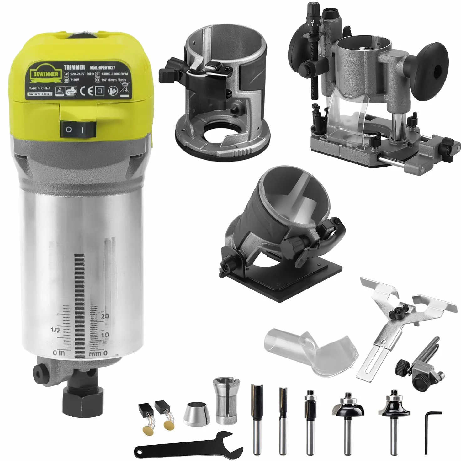 Fresadora de Madera Rebajadora Eléctrica, DEWINNER Desmoladora Eléctrica compacta 220 V, 710 W, 3 Bases Incluidas, 3 Pinzas de 1/4 Pulgadas, 6 mm y 8 mm, 5 Fresas de Carburo