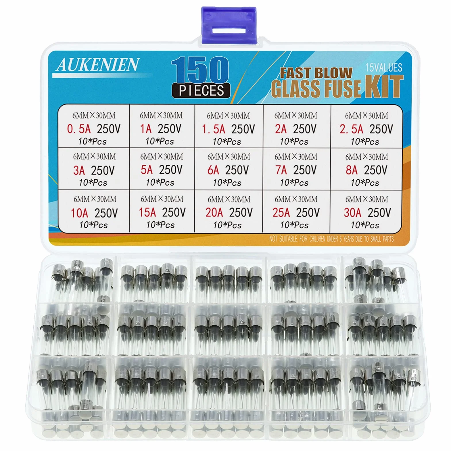 AUKENIEN 15 Valores 150 Piezas 6X30MM 250V Fusibles Cristal 0,5A 1A 1,5A 2A 2,5A 3A 5A 6A 7A 8A 10A 15A 20A 25A 30A de Tubo de Vidrio de Fusión Rápida Surtido Soplo Soplado Rápido Kit Fusible