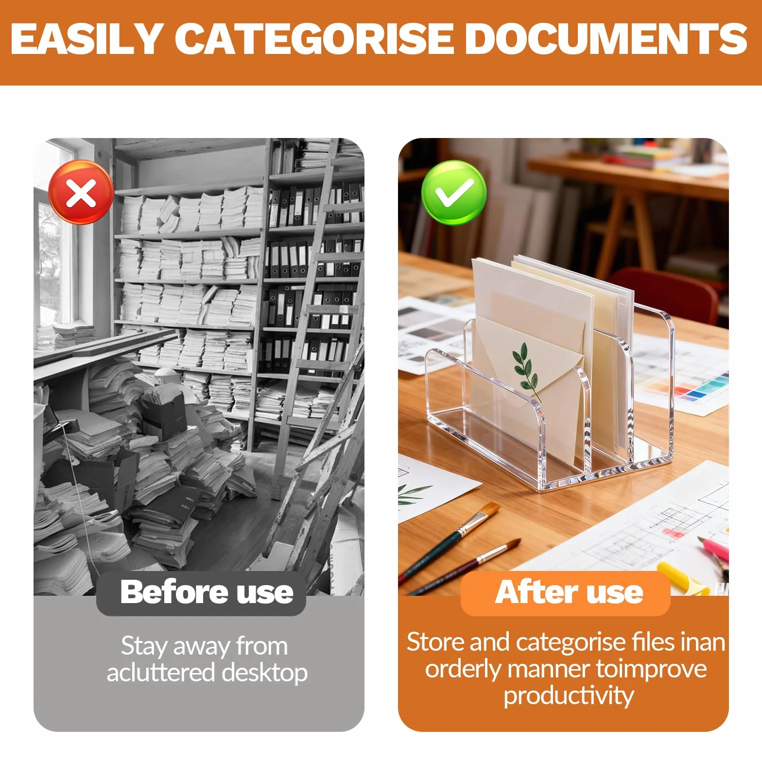 Organizador de cartas acrílico transparente con 3 compartimentos para escritorio