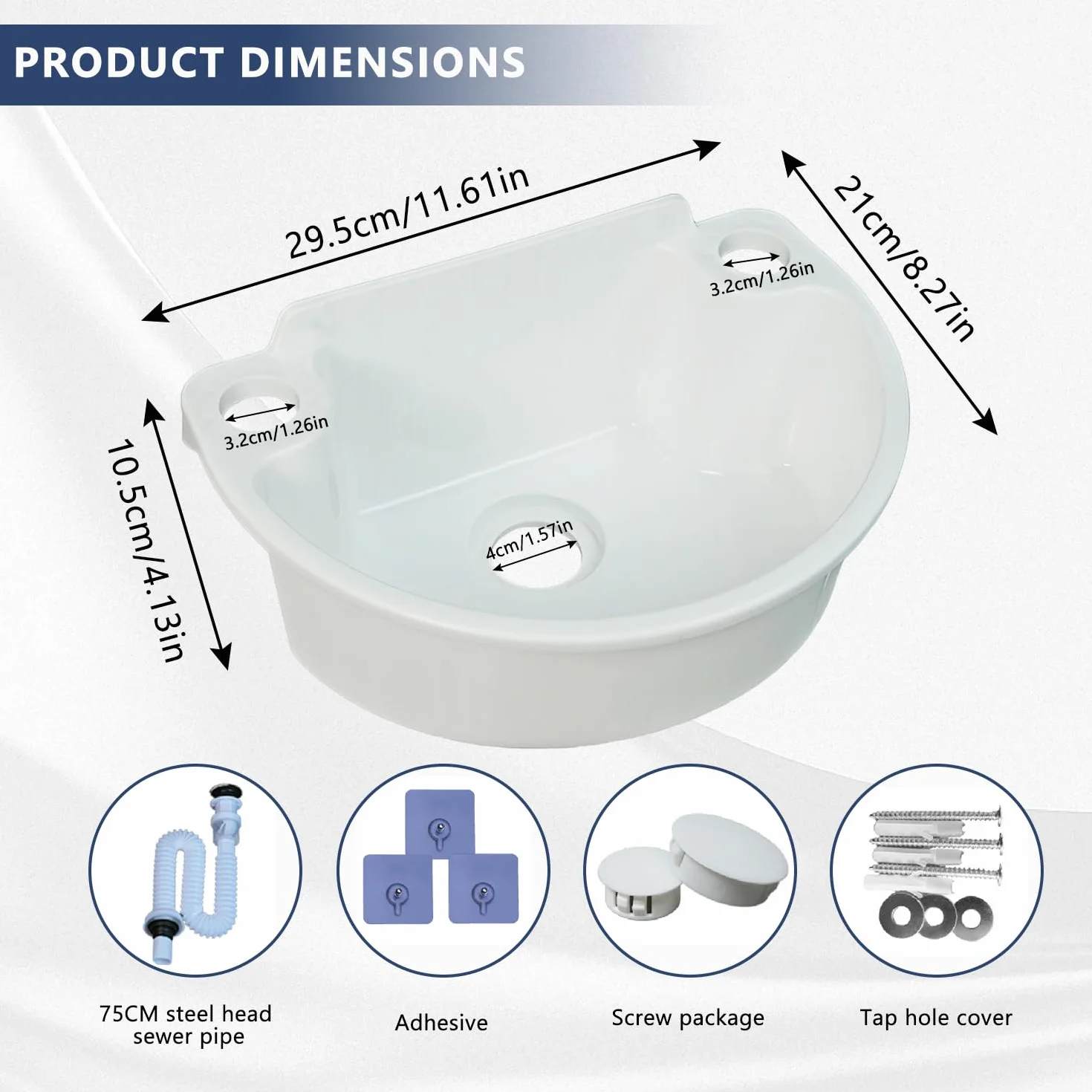 Fregadero de plástico, lavabo de camping con tubo de drenaje, paquete de tornillos, tacos y cubierta de orificios, fregadero semicircular curvado para inodoro, camping, caravanas, sótanos, jardines