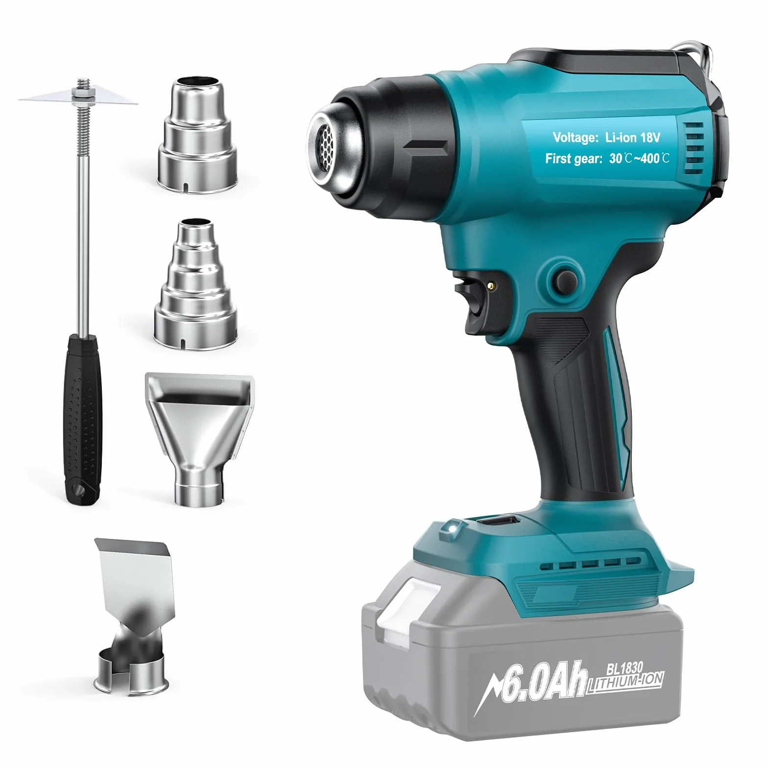 Pistola de calor inalámbrica para Makita 18 V batería (sin batería) pistola de calor para soldar, doblar tubos, eliminación de pintura, pistola de calor con 4 boquillas.