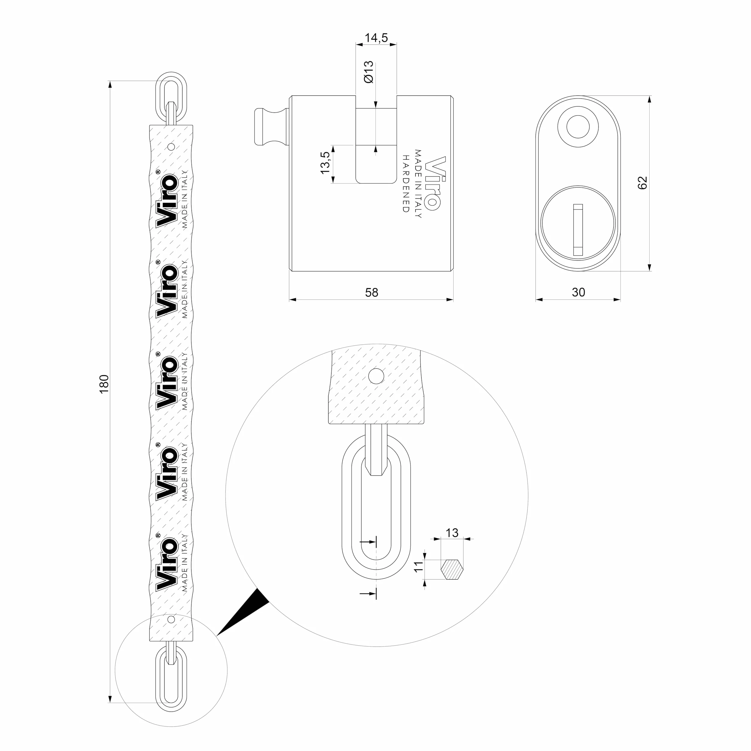 Viro - Cadena antirrobo para motos, scooter y bicicletas con candado "Eurothor" - Cadena n. 4155.180 (180 cm)