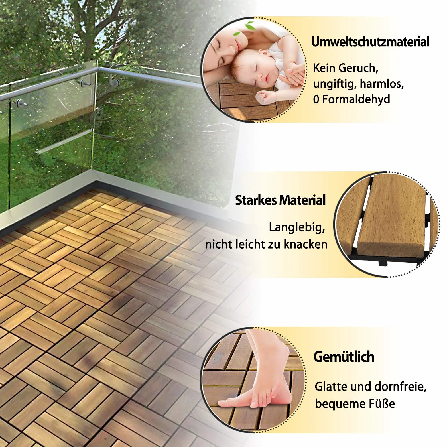 XMTECH Baldosas de madera de 1 m² con clic, de madera de acacia, azulejos de balcón, juego de 11 unidades, 30 x 30 cm, con sistema de drenaje y sistema de clic (modelo B)