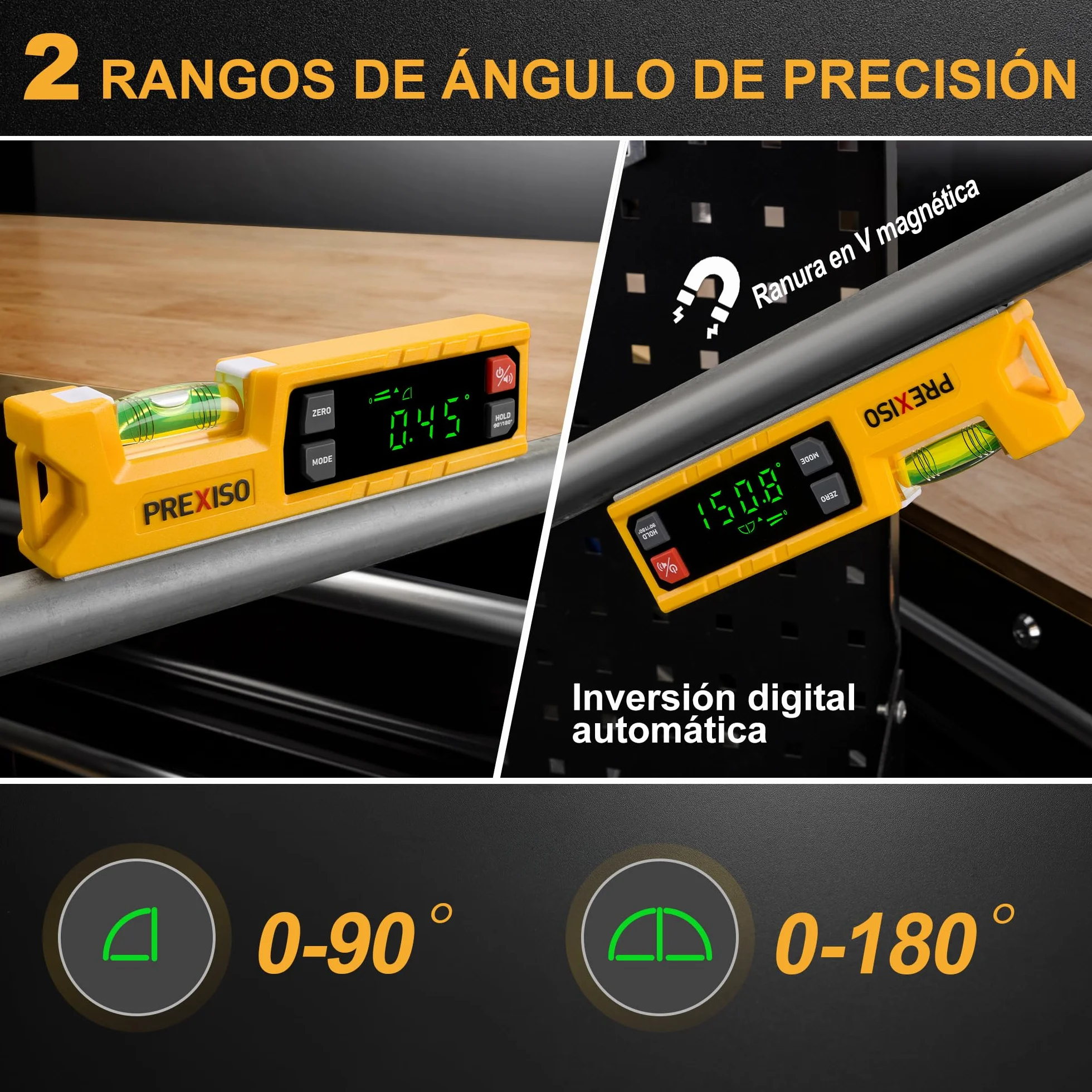 PREXISO Nivel Digital Magnético de 7 pulgadas – Herramienta electrónica inteligente de nivel, rango 0-90°, buscador de ángulos con sierra