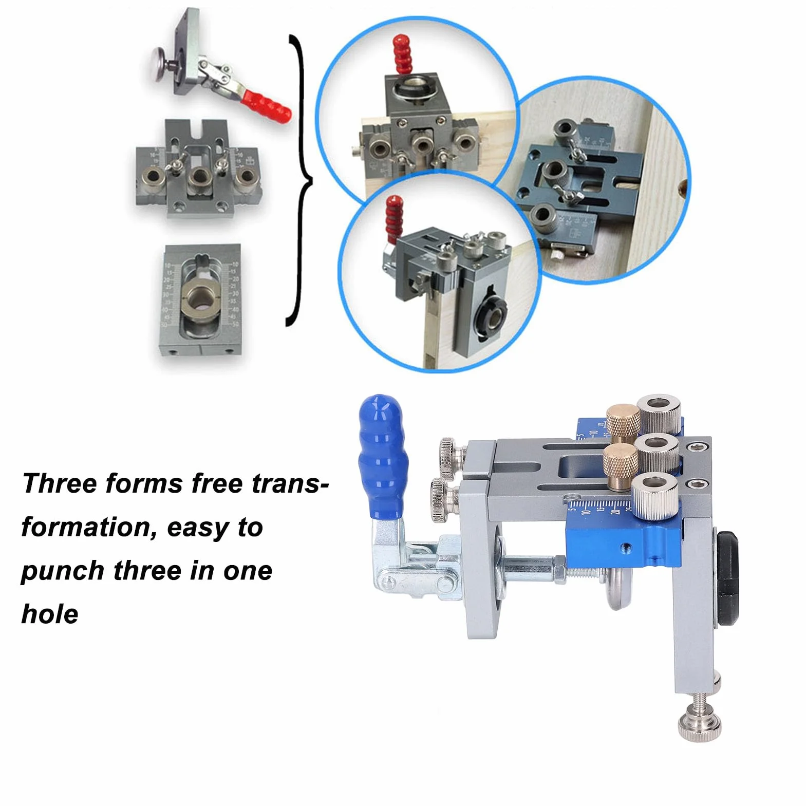 Ausla Plantilla de Orificio de Bolsillo 3 en 1 Kit de Plantilla de Clavija para Carpintería de Aleación de Aluminio Guía de Broca Ajustable de 10 a 30 Mm con Orificios de 5 Mm, 8, 10 y 15 para