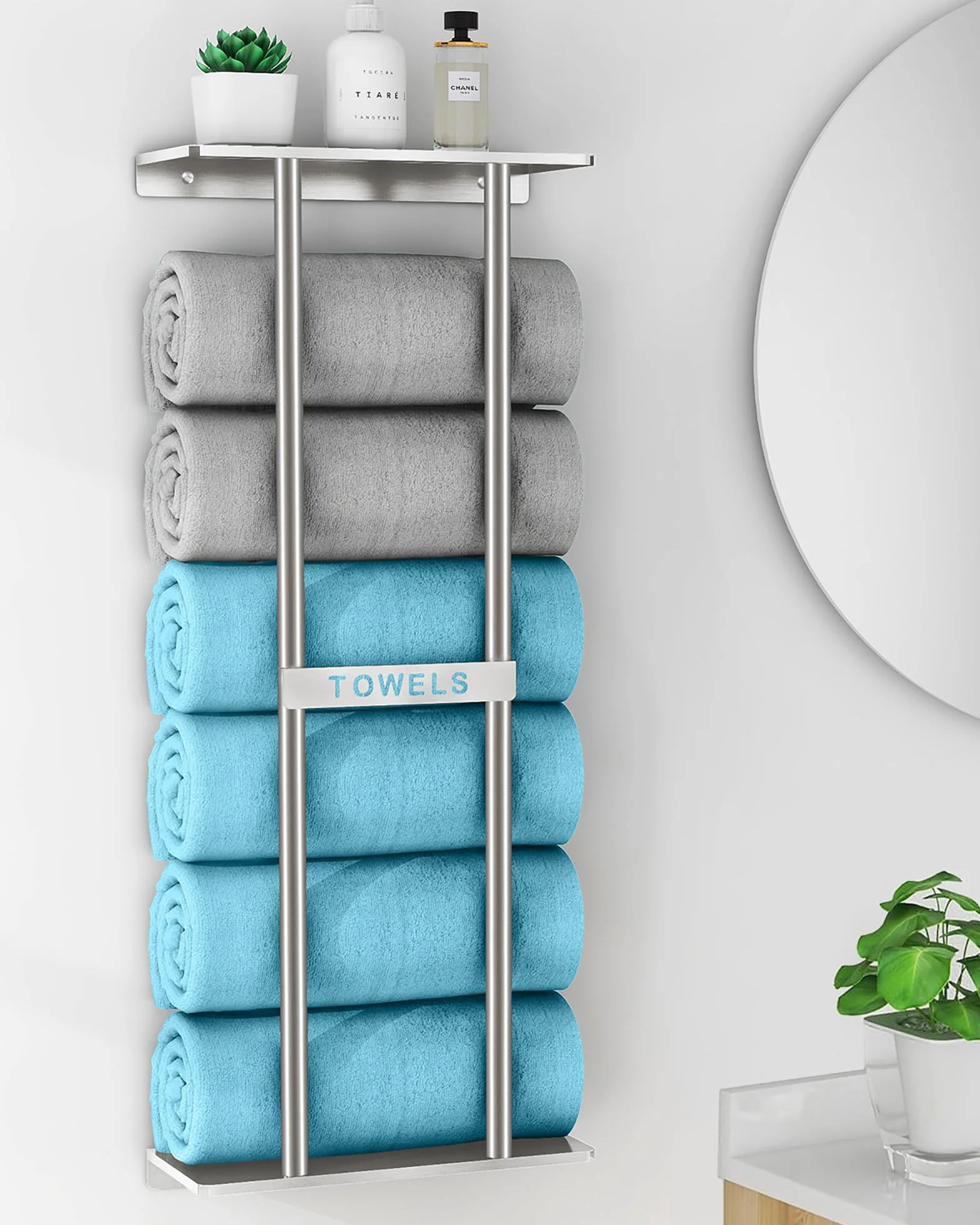 STWWO Toallero de Baño de Pared 76cm Toallero Vertical con Estante Plata Almacenamiento para Toallas enrolladas Baño Soporte para Toallas de Mano Grandes Toallas de Playa, Metal