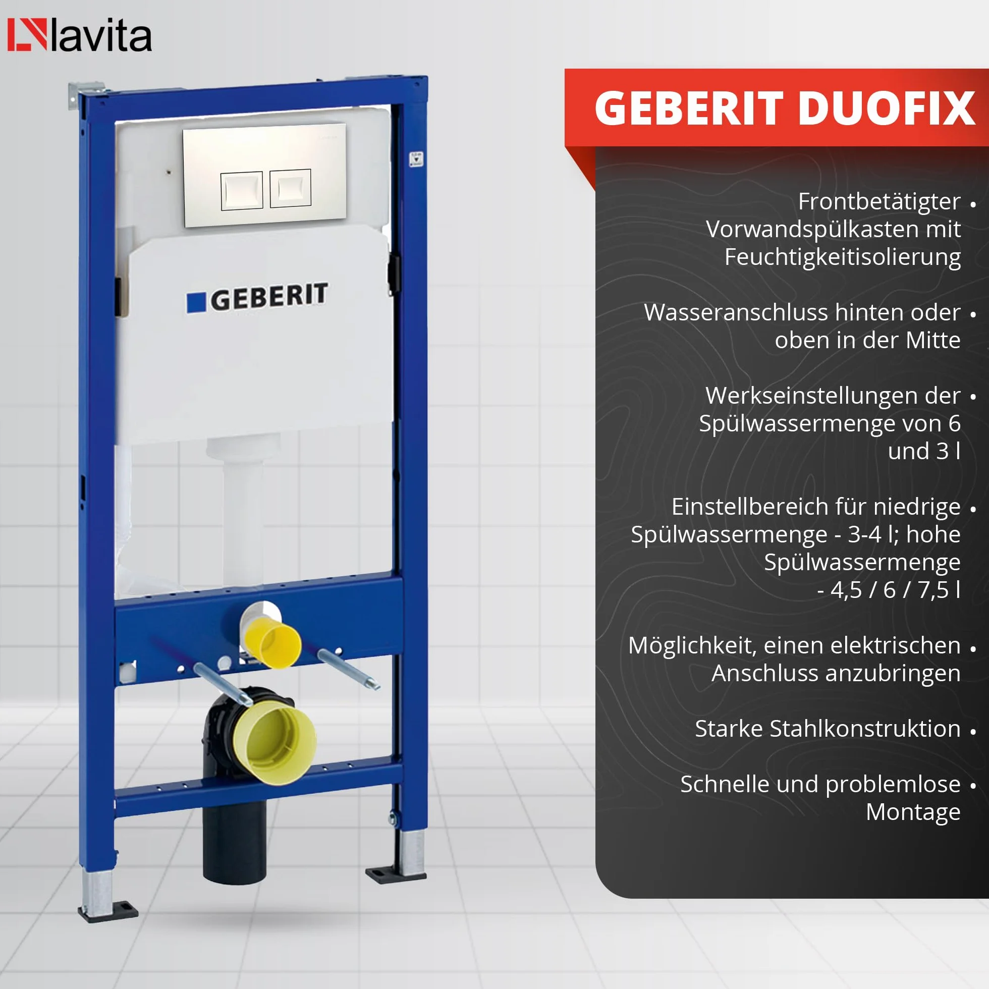 Lavita Conjunto: elemento de pared Duofix Basic WC de descarga profundaVersoni blanco sin reborde con sistema de descarga Tornado+asiento de WC con cierre automático+con botón blanco Conjunto completo