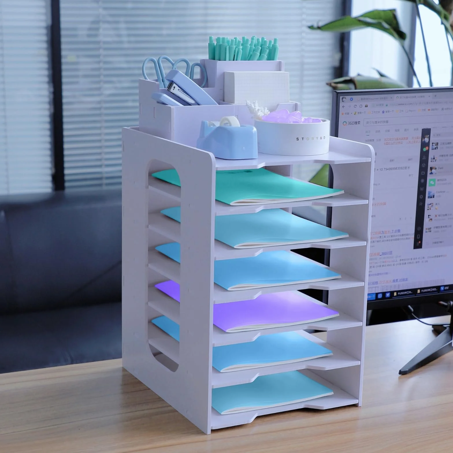 Organizador Escritorio 7 Niveles A4 Bandejas Apilables Malla Metalica con Portalapices