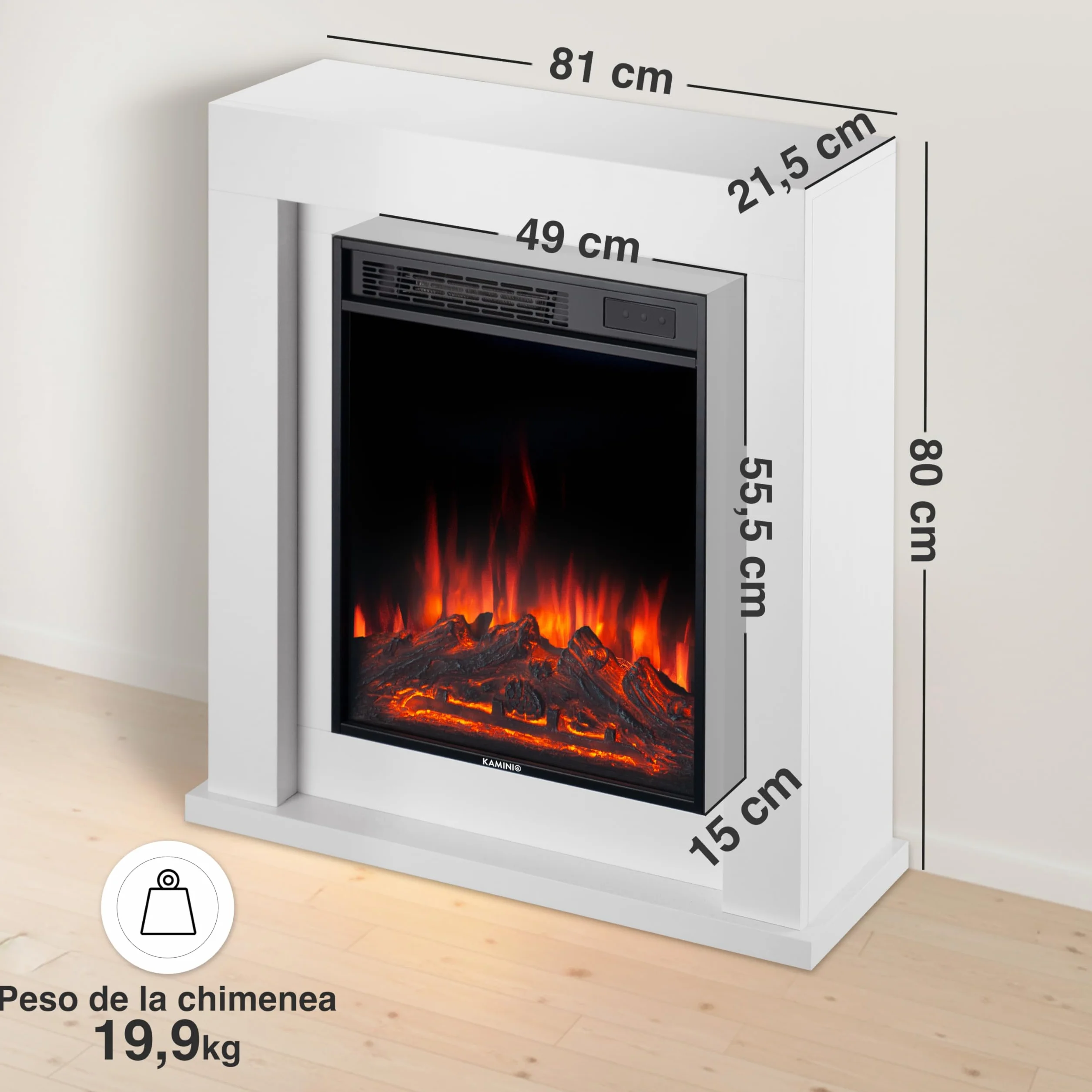 KAMINIO Chimenea eléctrica Matti - Chimenea eléctrica de pie con calefacción, Efecto de Llama 3D, Luz Ambiental LED, Control Remoto - 32 Pulgadas (Blanco)
