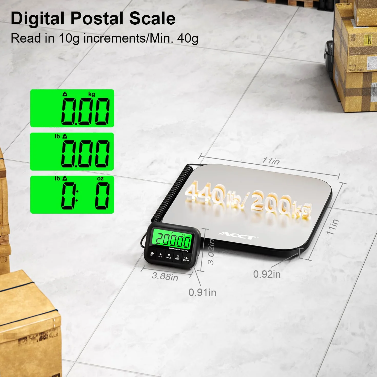 Báscula postal digital 440 libras con función de sujeción y tara automática