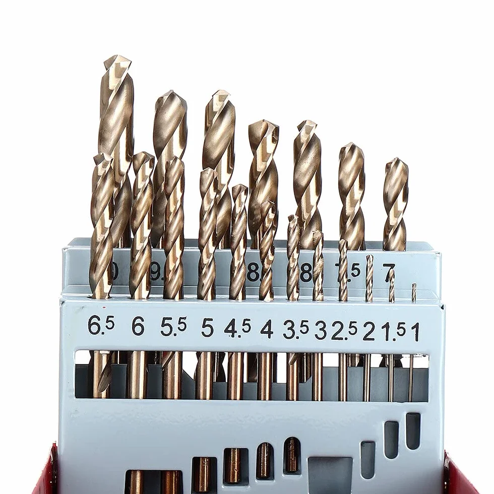 VIDOO Juego de Brocas Cobalto M35 HSS-Co Helicoidales con Caja Metal para Acero Inoxidable Madera-19Piezas