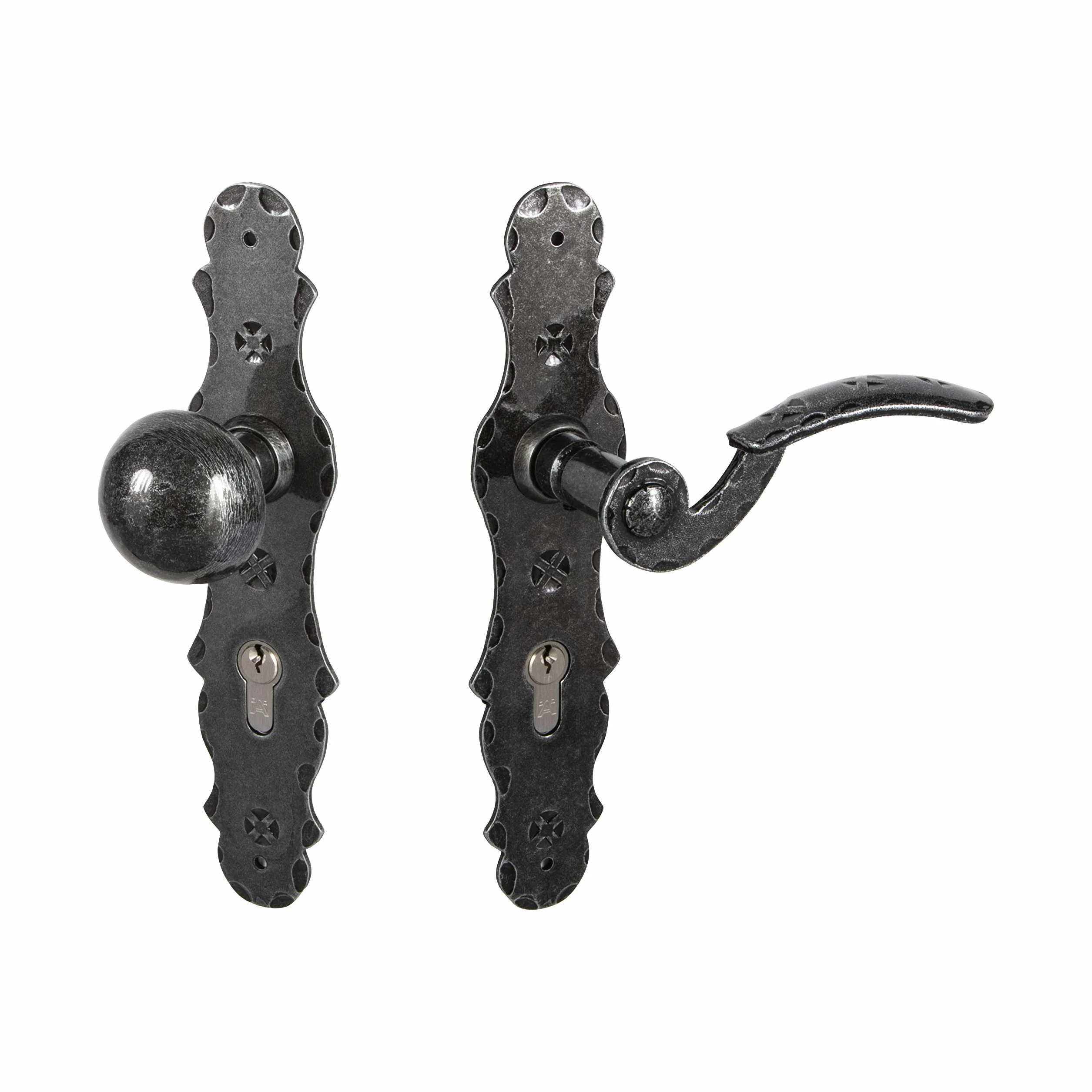 GedoTec Cortina de intercambio BOTÓN PULSADOR Herraje puerta Manijas de puerta en Placa larga Modelo BERN Antiguo Hierro forjado PZ 72 mm Izquierda Pomo puerta pintado de negro/plata patinado - rechts