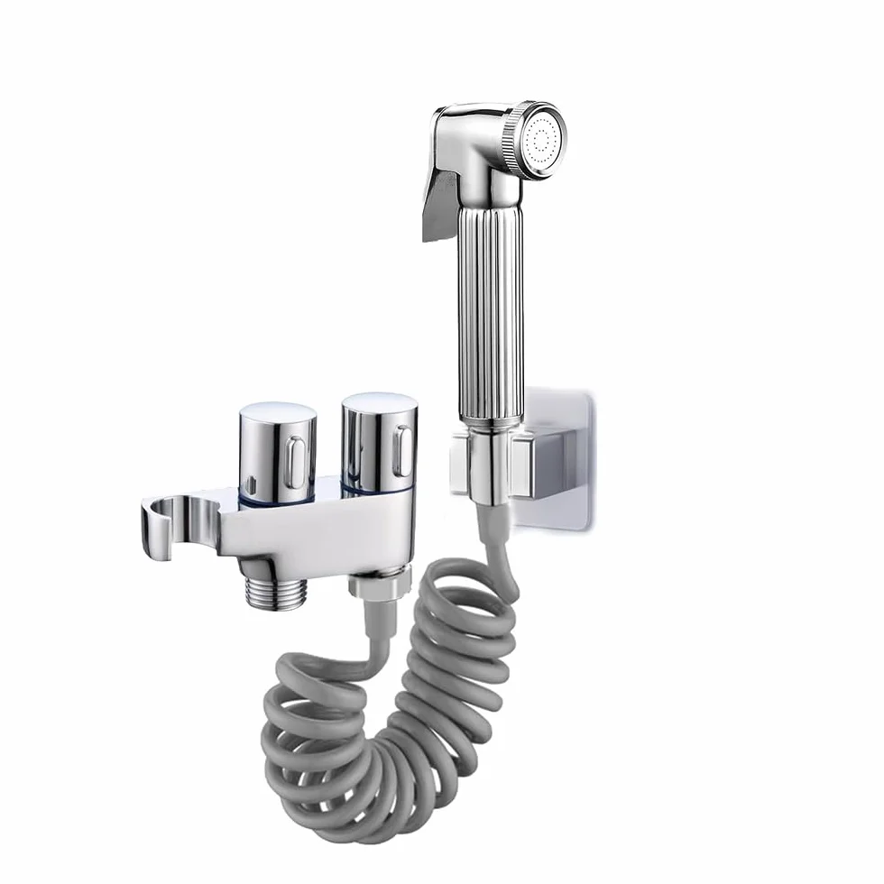 Ducha Higiénica WC con Doble Soporte, Latón Cromado | Manguera espiral flexible | Válvula ajustable | Pistola de latón | Kit bidé WC | Doble soporte
