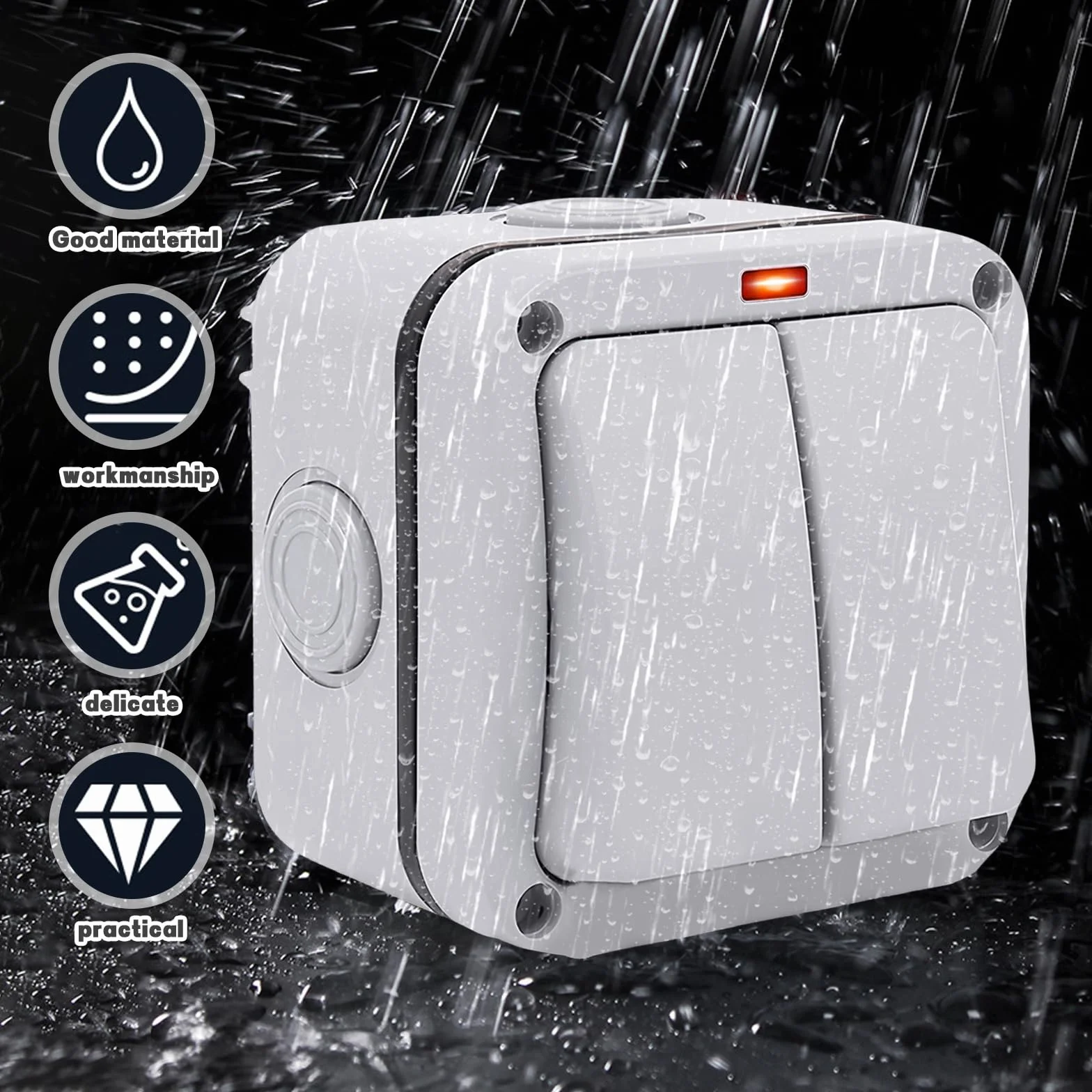 Sporgo Interruptor Universal Doble Resistente a la Intemperie - 20 A, IP66, Resistente al Agua Con Luz de Control - Gris Para Exterior, Jardín