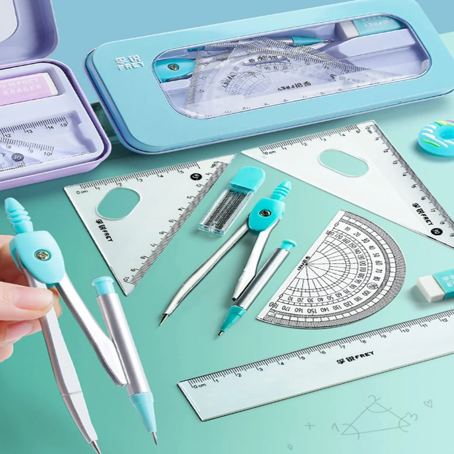 Compas Escolar Set de Geometria 7 Piezas Kit de Aprendizaje Completo con Regla Transportador