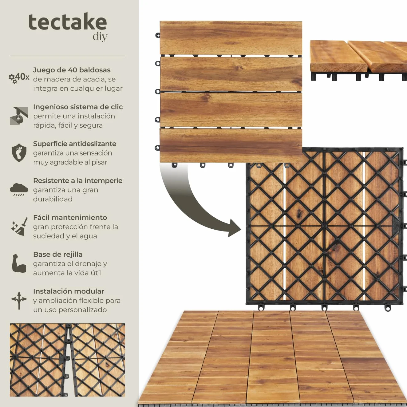 tectake® Set 40x Baldosas Jardín Exterior con 4 Tablones Madera de Acacia, 31 x 31 cm, Suelo Jardín con Base de Rejilla y Drenaje, Montaje Sistema Clic, Área 1,922 m2- Madera