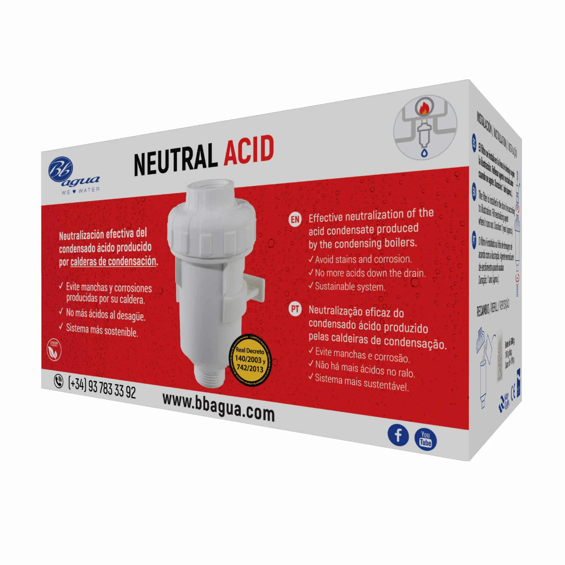 Filtro Neutral Acid. Neutraliza el condensado de ácido producido por la caldera alargando la vida y reduciendo el mantenimiento. Fácil limpieza y mantenimiento. Bbagua.