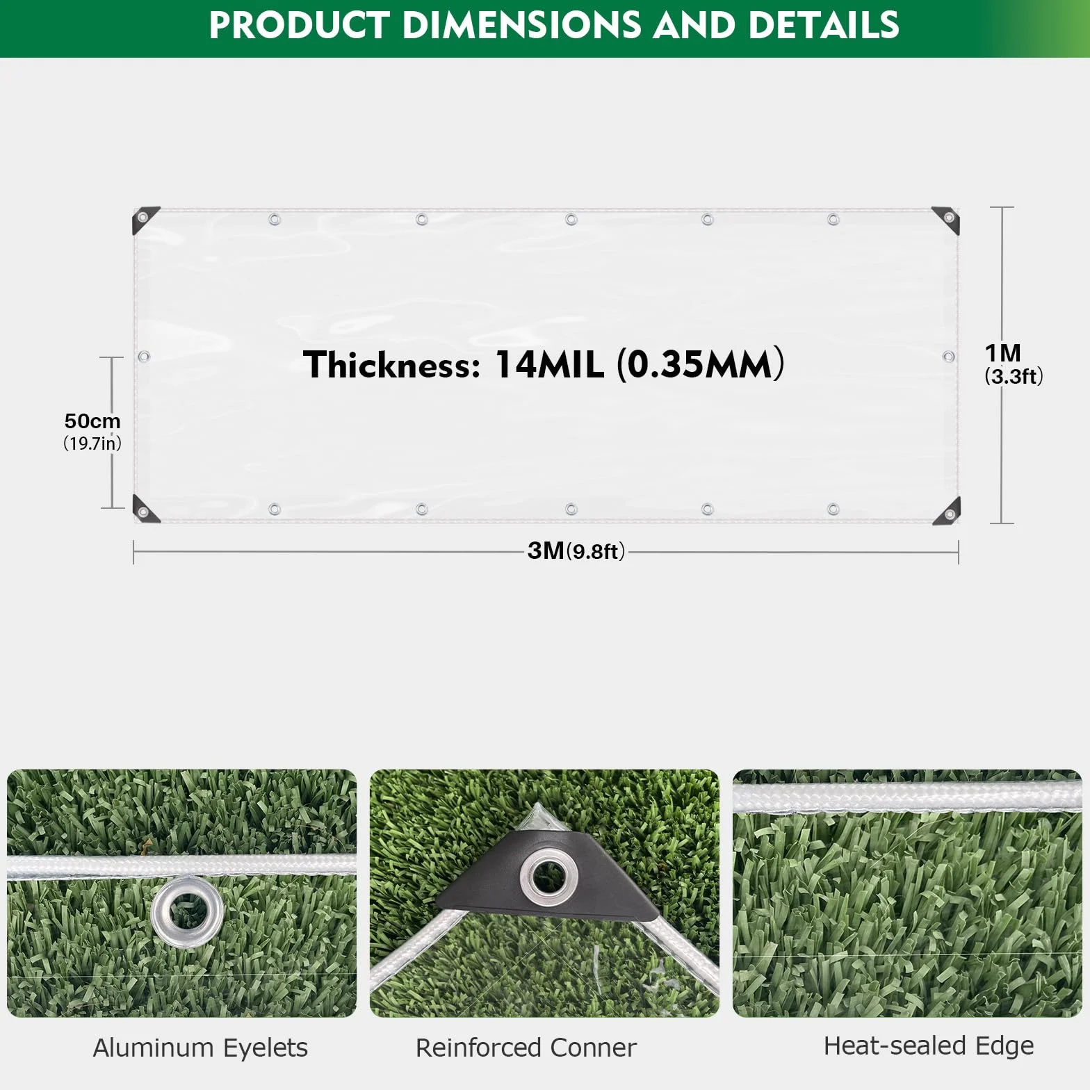Dulepax Lona transparente impermeable resistente de 450 g/m² de PVC transparente con ojales, resistente al viento y a los desgarros para jardín, cenador, cerramiento de patio con bridas de cable (3x1m