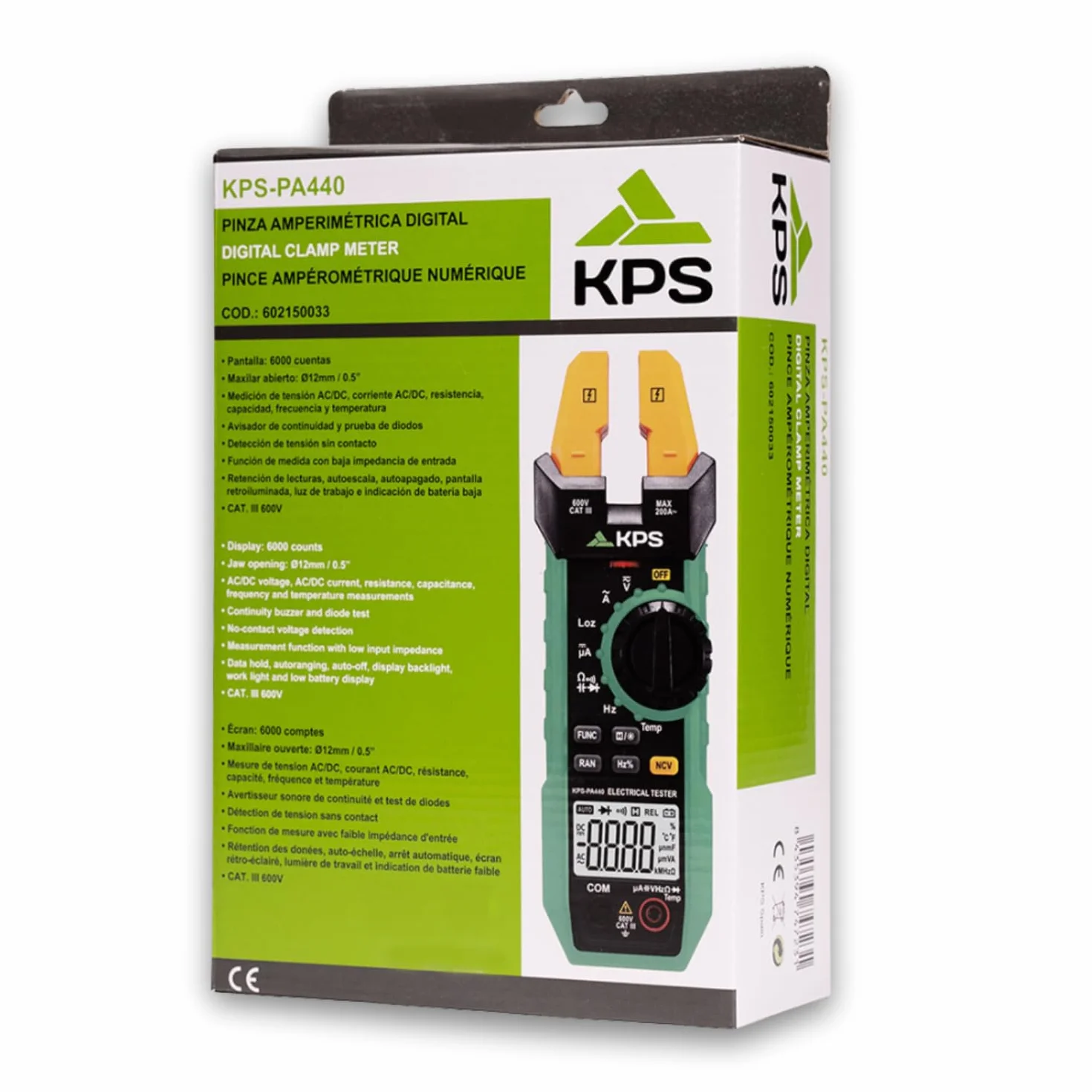 KPS-PA440 Pinza Amperimétrica Profesional con Maxilar Abierto - Multímetro Digital con Medición de Corriente AC 200A, Corriente DC 1000µA, Voltaje AC/DC 600V, Temperatura, Frecuencia, Capacidad y NCV