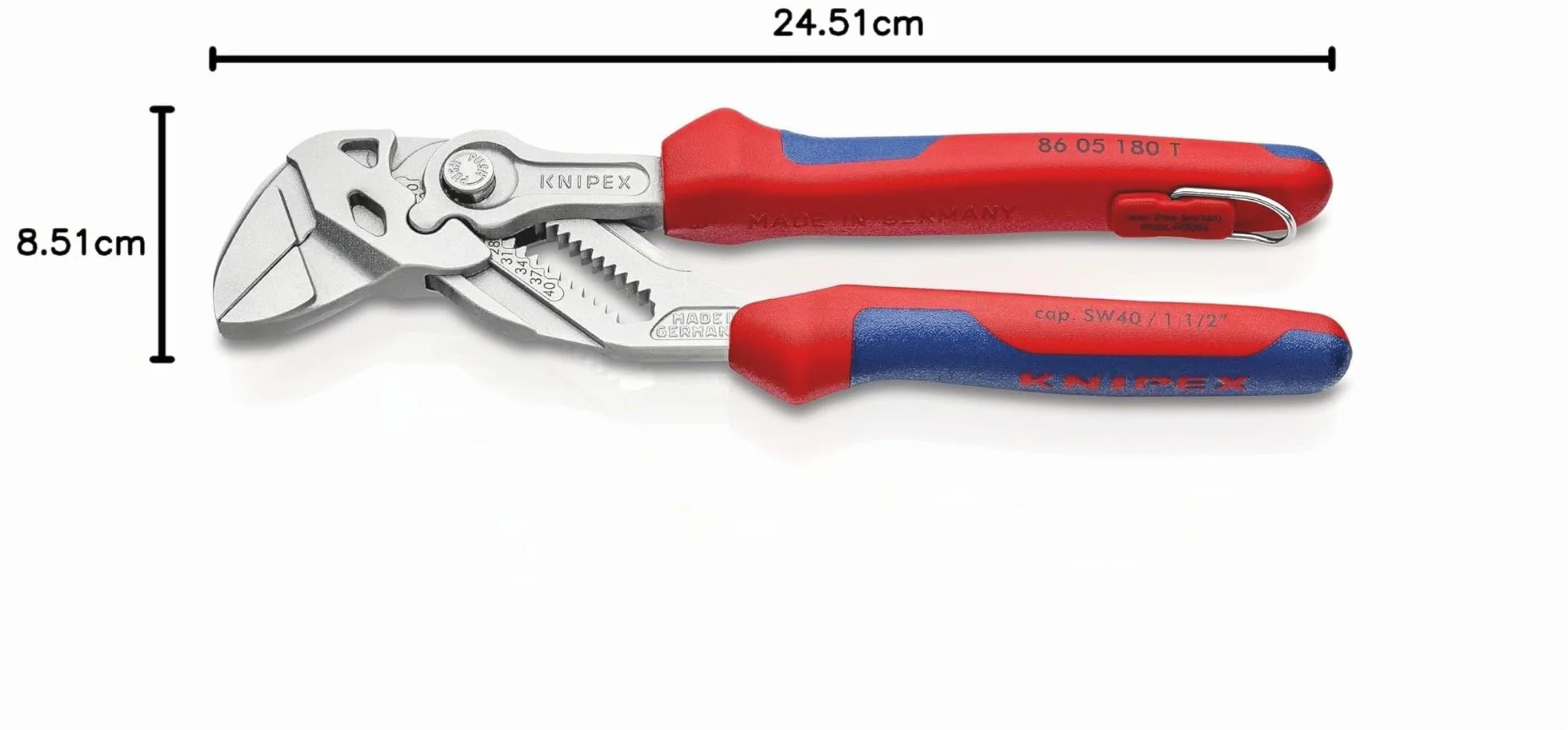 KNIPEX Tenaza llave alicate y llave en una sola herramienta en blister cromado con fundas multicomponentes, con anilla de fijación, 86 05 180 T BK