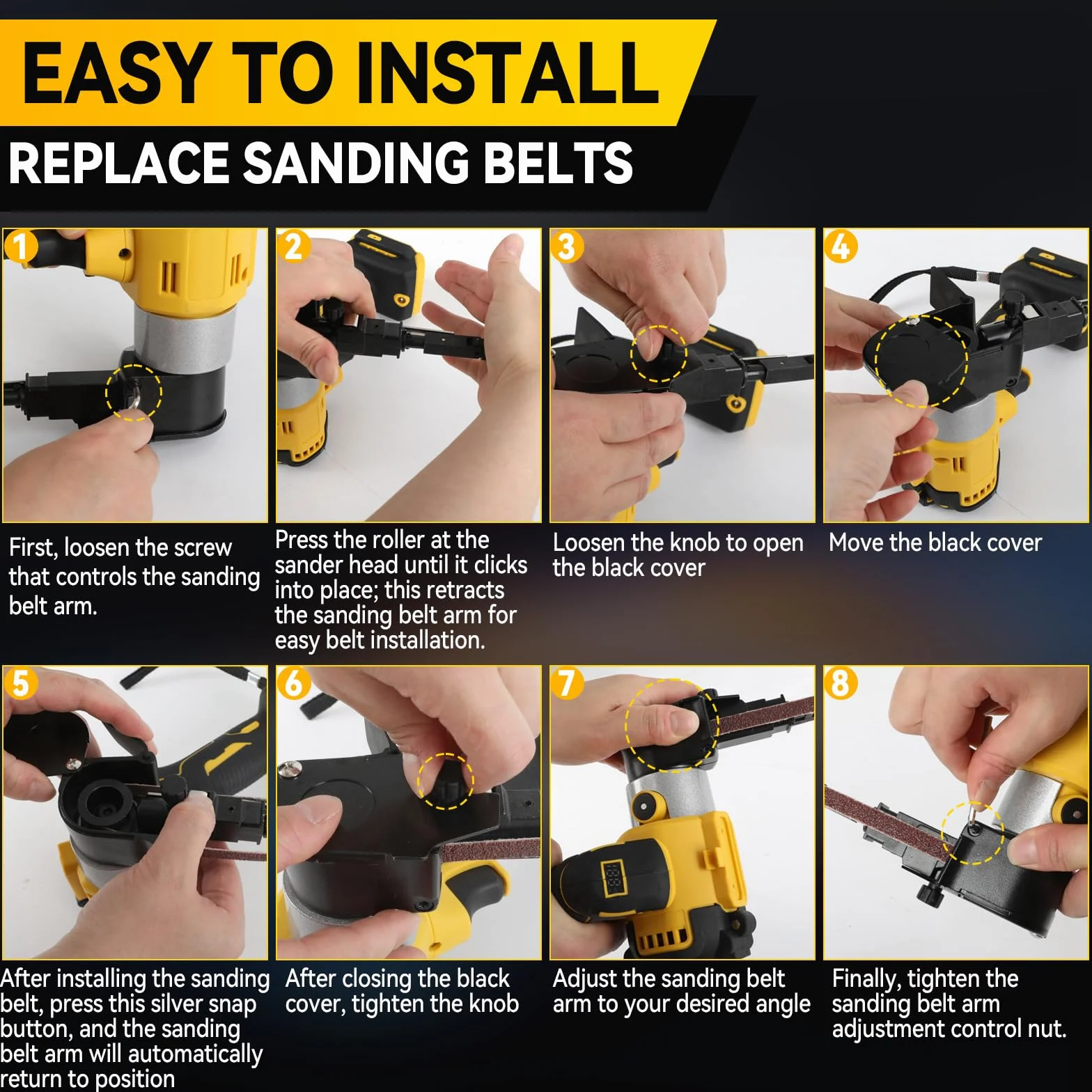 Lijadora de banda inalámbrica compatible con batería Dewalt de 20 V, amoladora de banda ajustable de 0 a 13000 rpm, 360° sin escobillas con 20 bandas de lijado para madera, metal y plástico (amarillo
