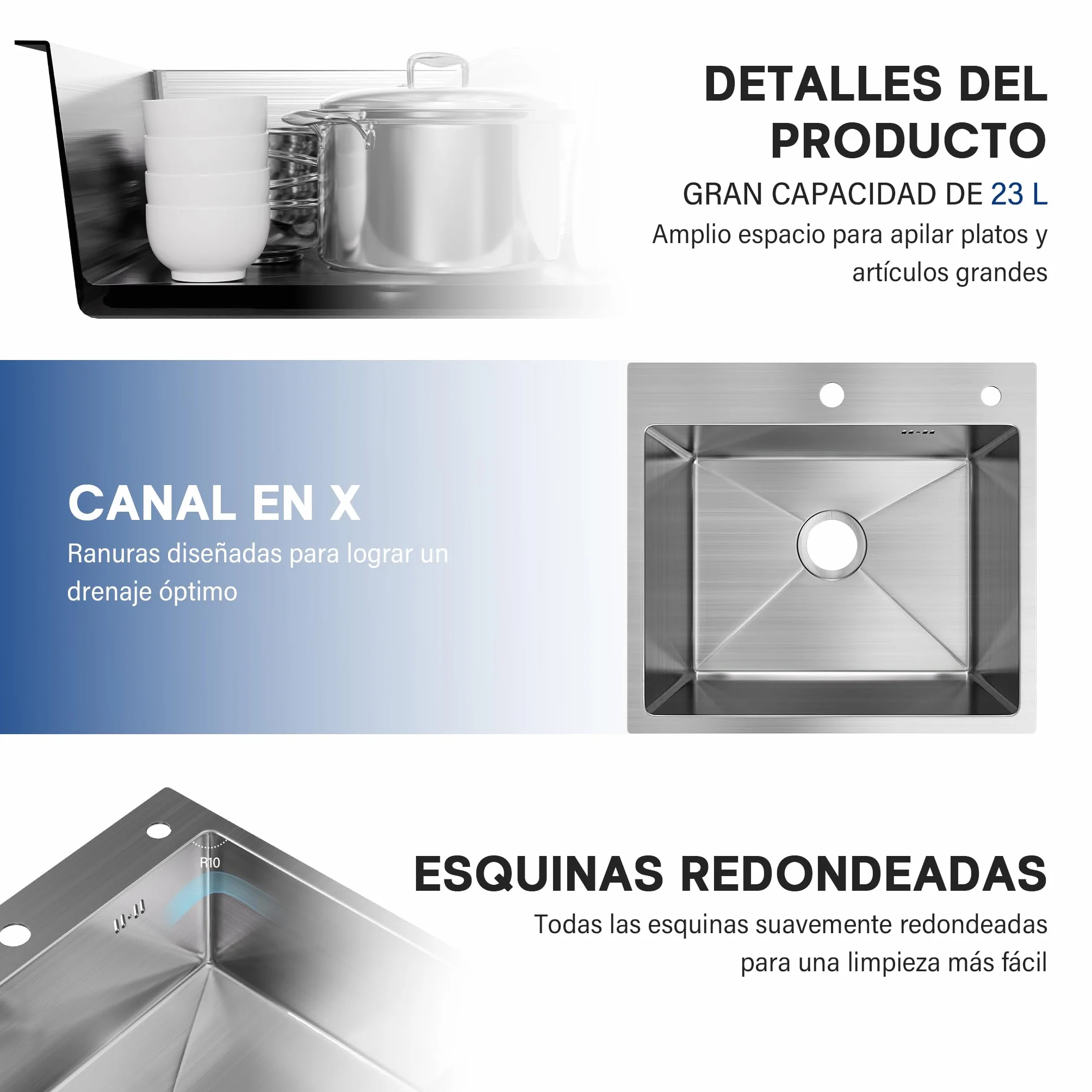 Fregadero Cocina 50x45 cm, STANEW Fregadero Cocina 1 Seno,Fregadero Inox con Dispensador de Jabón y Sifón，Sobre Encimera,Adecuado para Cocinas Pequeñas y Autocaravanas.